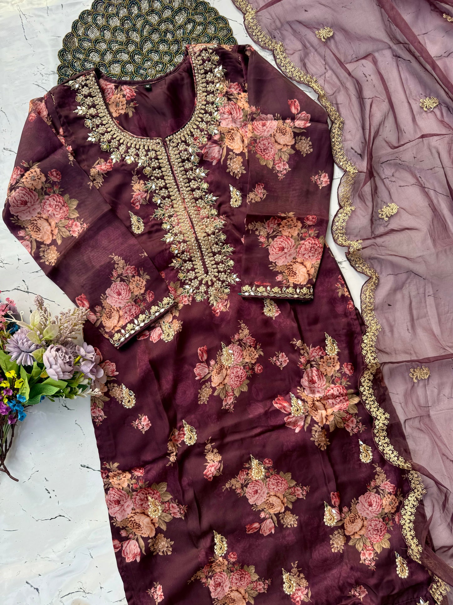 "Aditi" Wine organza printed & handwork stright kurta set