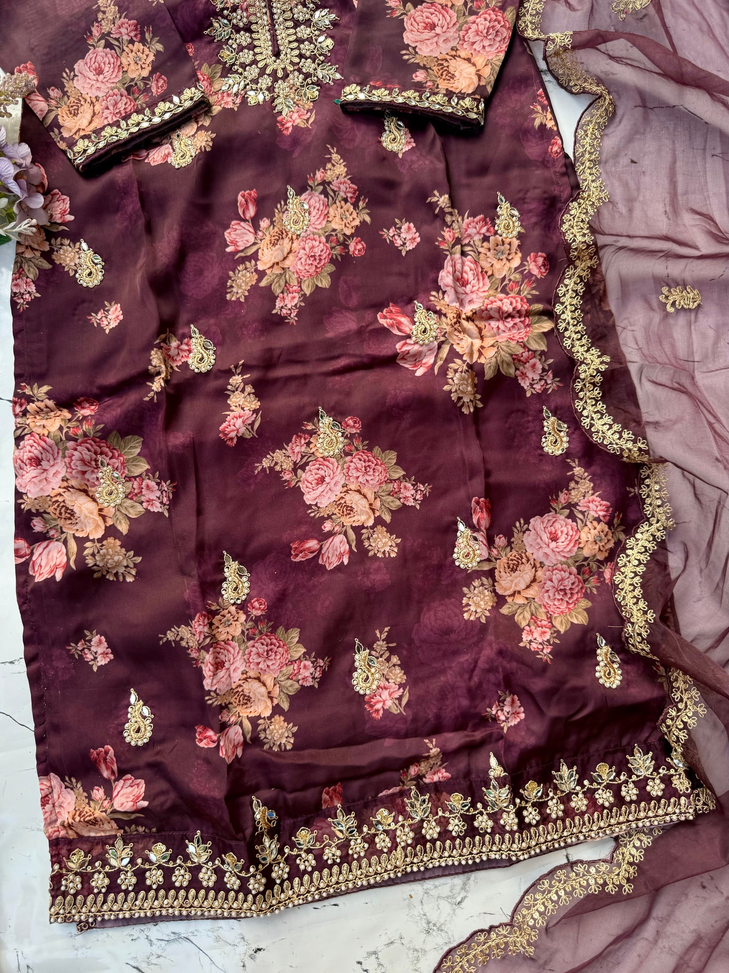 "Aditi" Wine organza printed & handwork stright kurta set