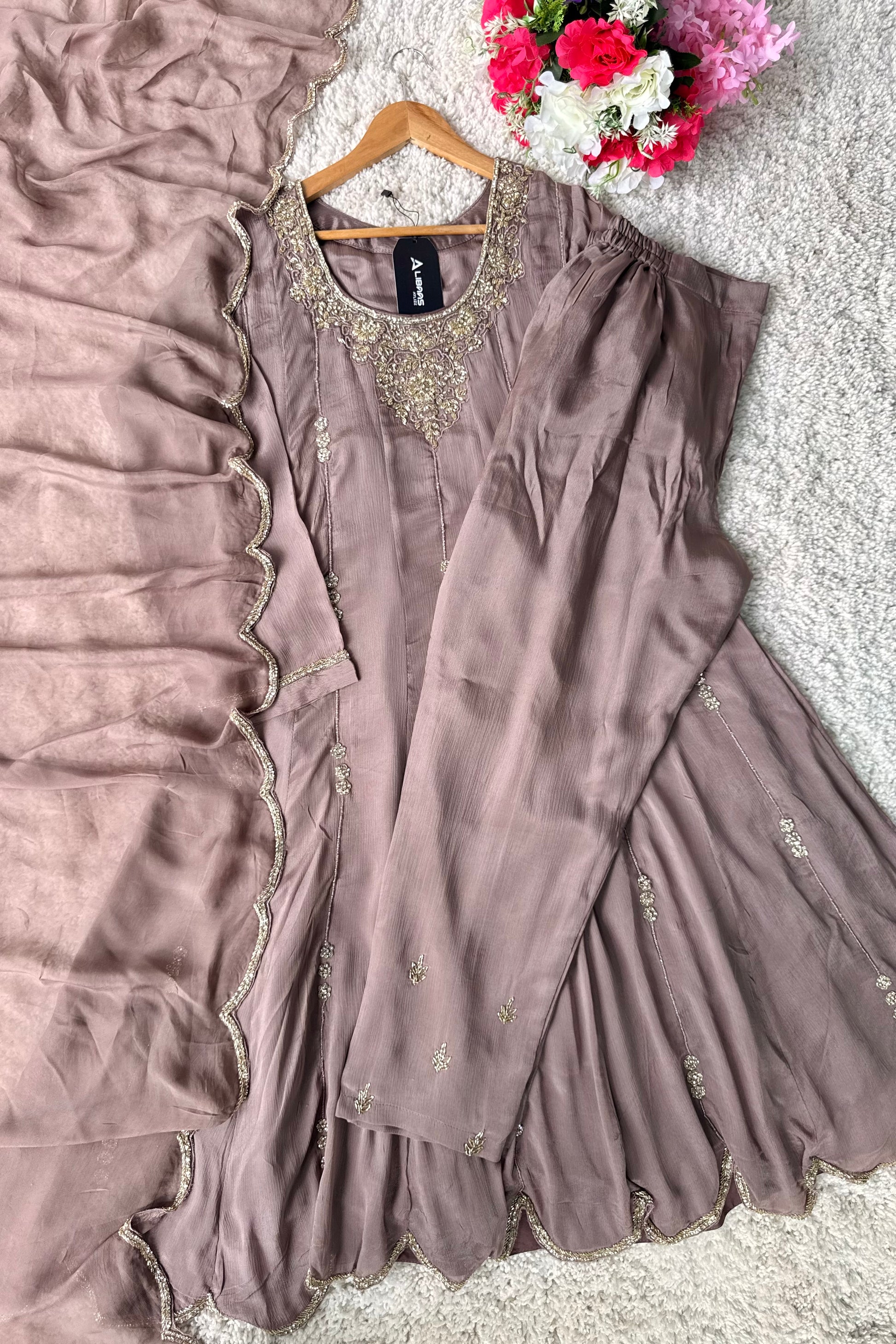 ✨Cocoa – Premium Dusty Cocoa Taupe Chinnon Anarkali suit