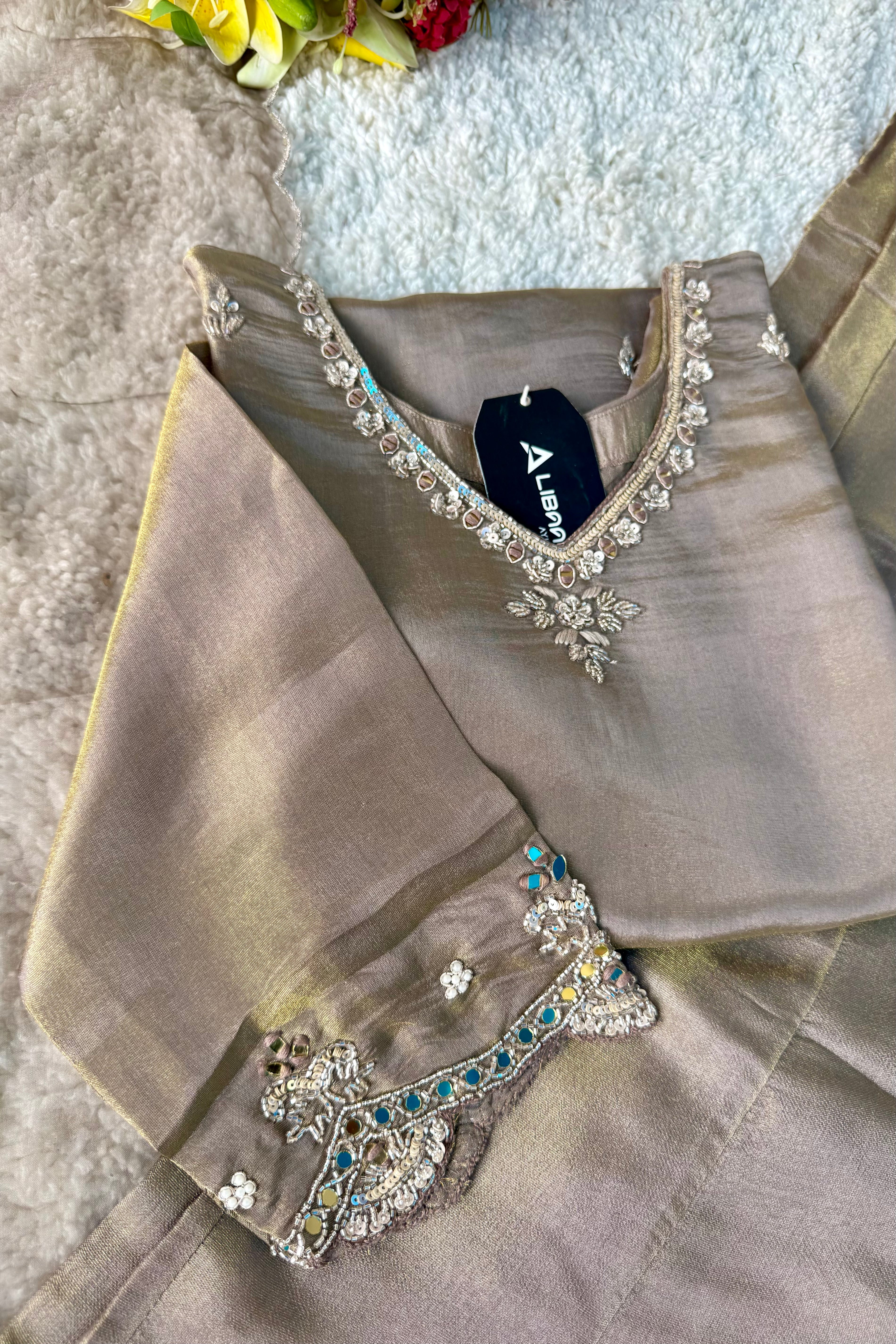 ✨Az002- Champagne Gold Tissue Divider Sharara Suit