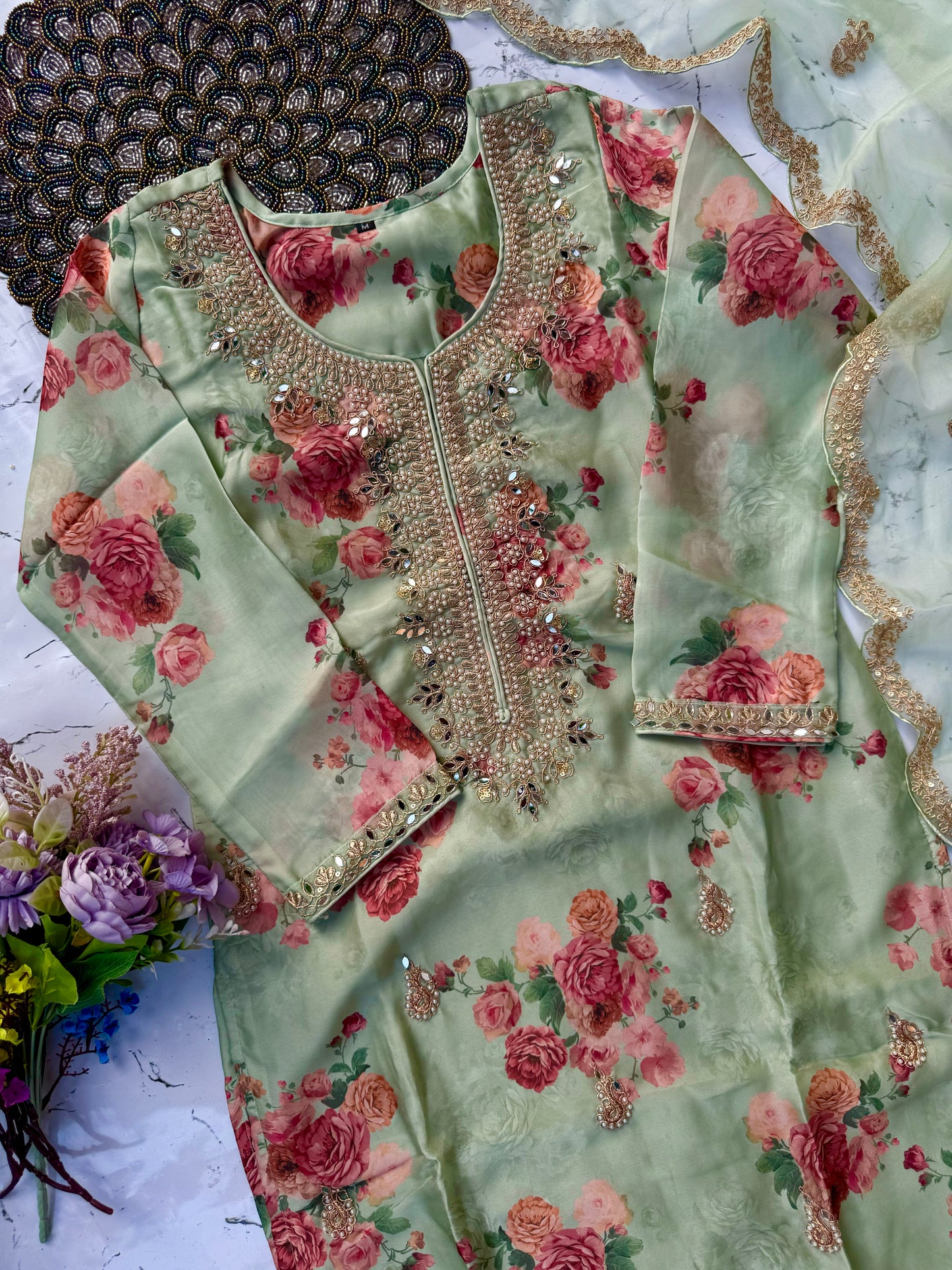 "Aditi" Pista green organza printed & handwork stright kurta set