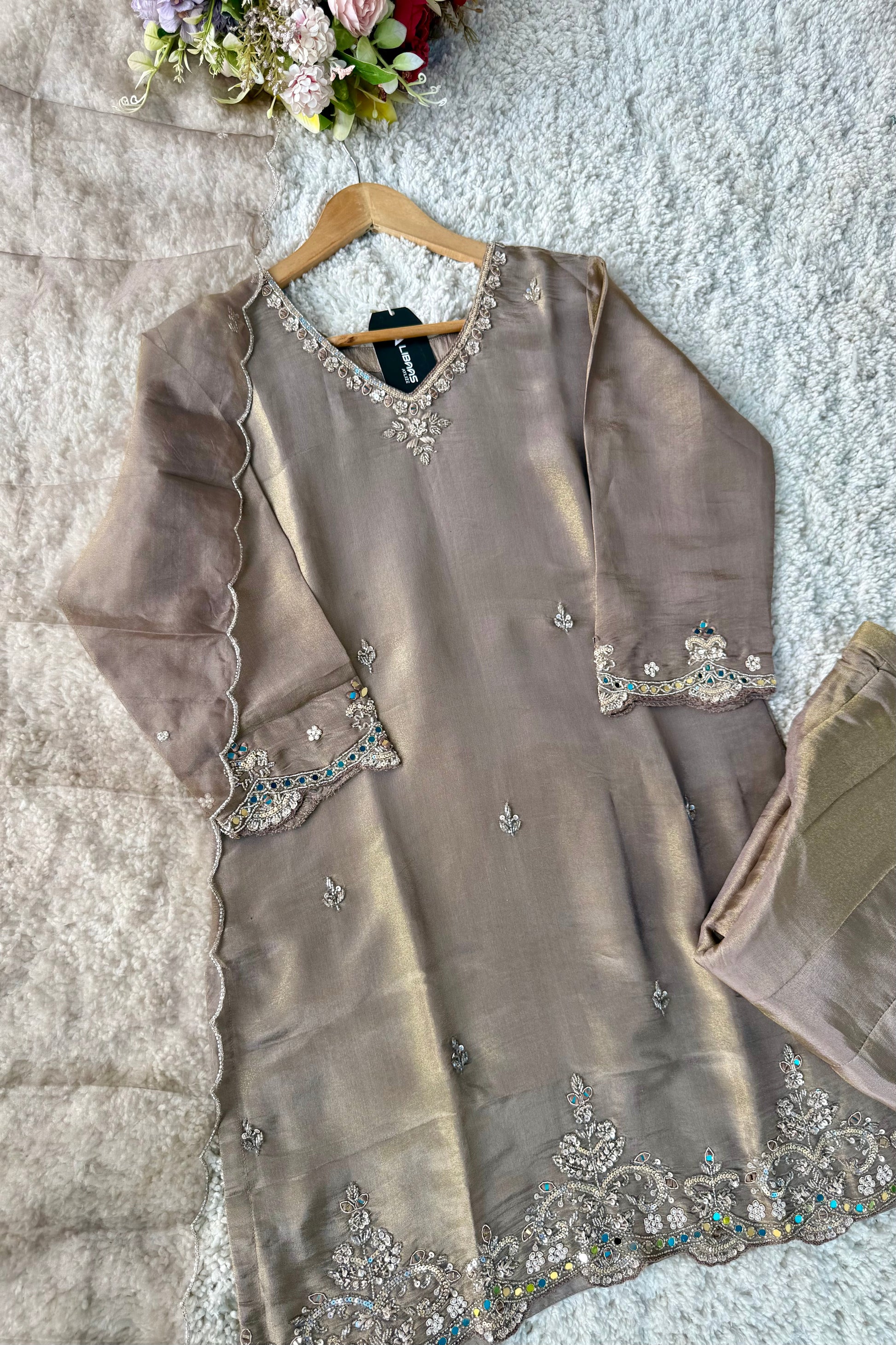 ✨Az002- Champagne Gold Tissue Divider Sharara Suit