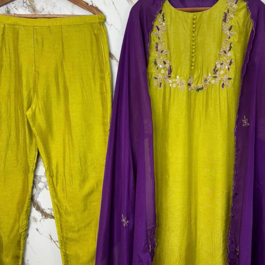 “Aisha” Lime Purple Elegance Dola Silk Kurta Set