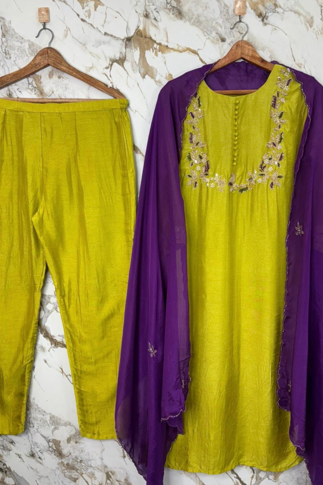 “Aisha” Lime Purple Elegance Dola Silk Kurta Set