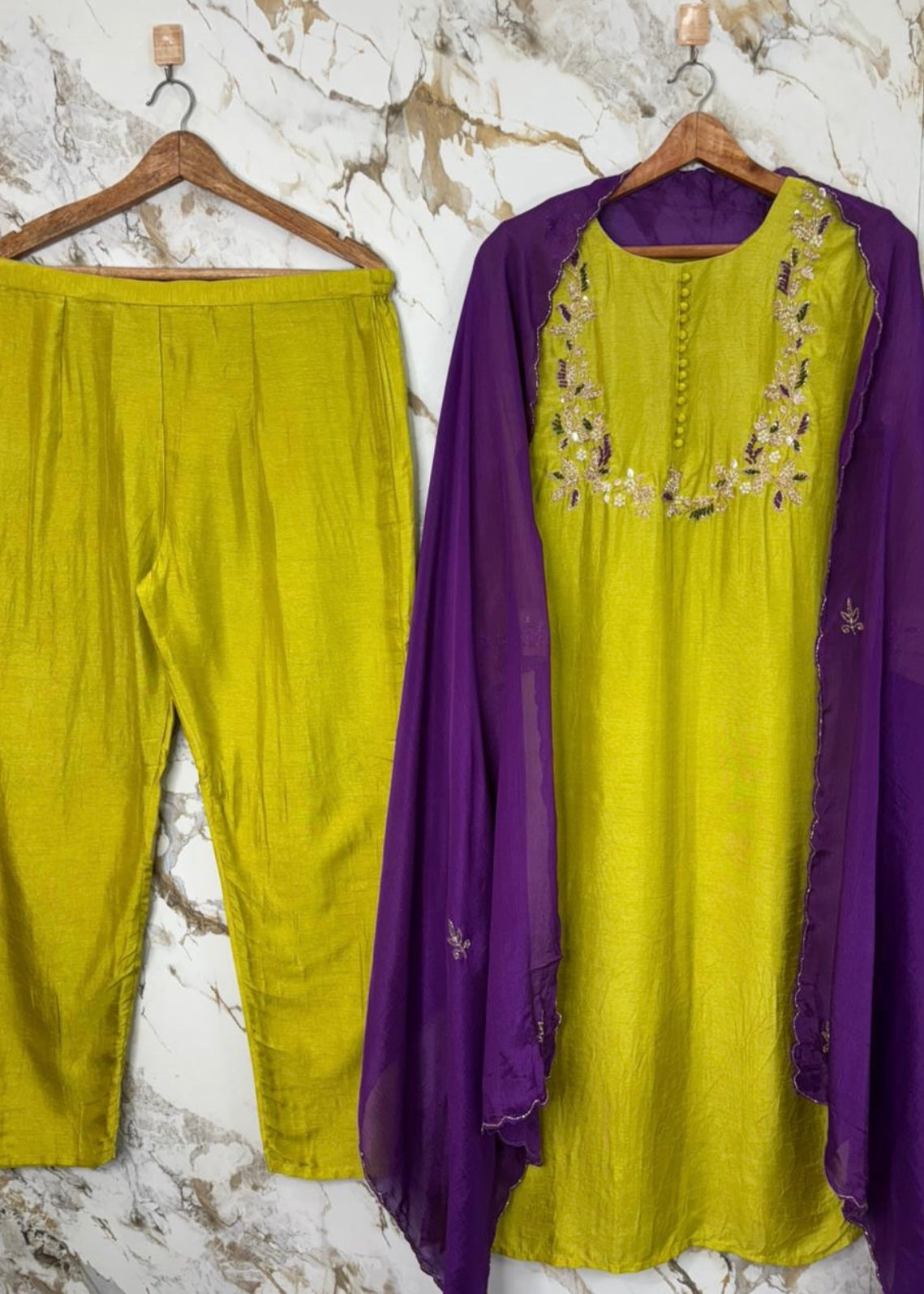 “Aisha” Lime Purple Elegance Dola Silk Kurta Set