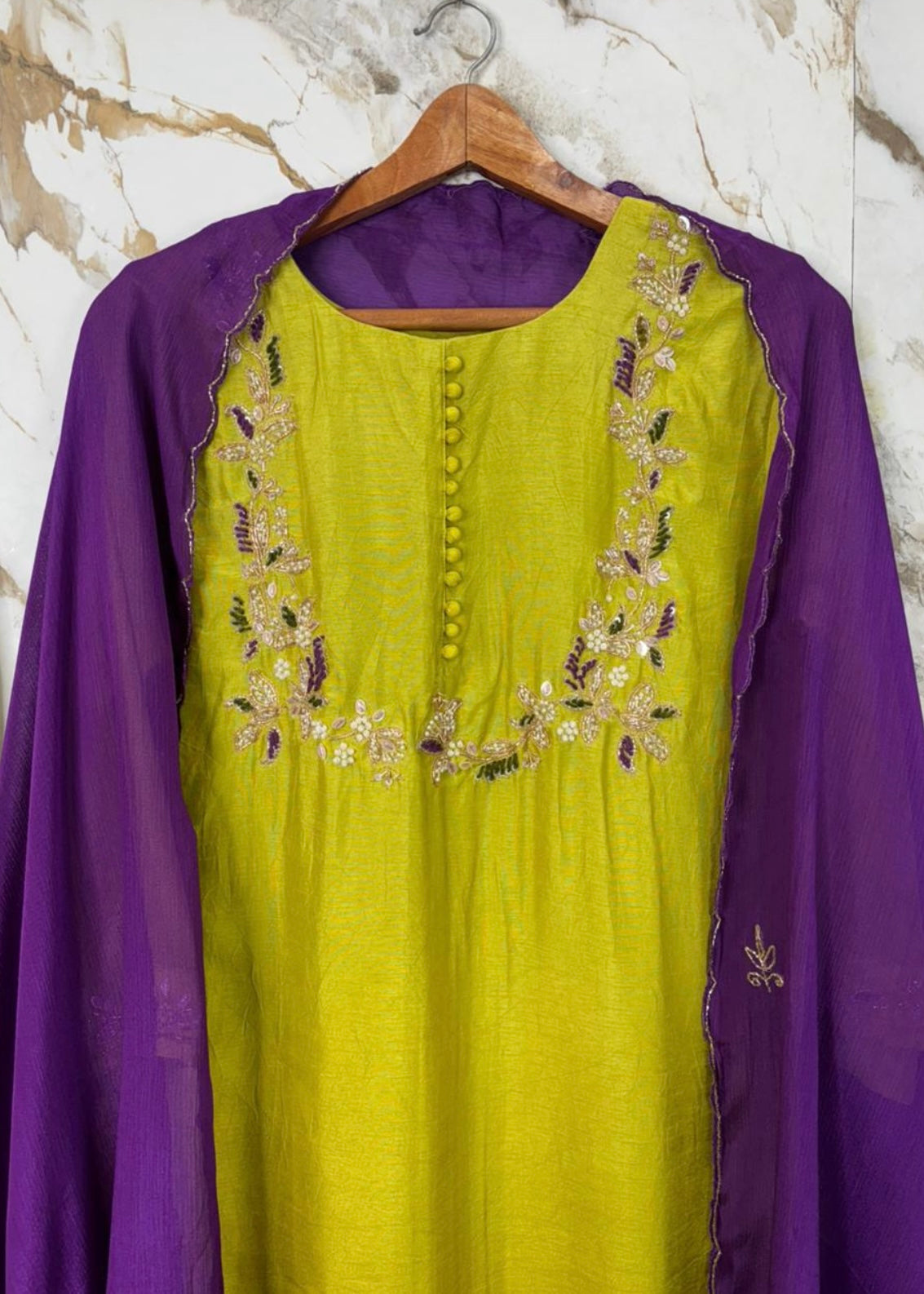 “Aisha” Lime Purple Elegance Dola Silk Kurta Set