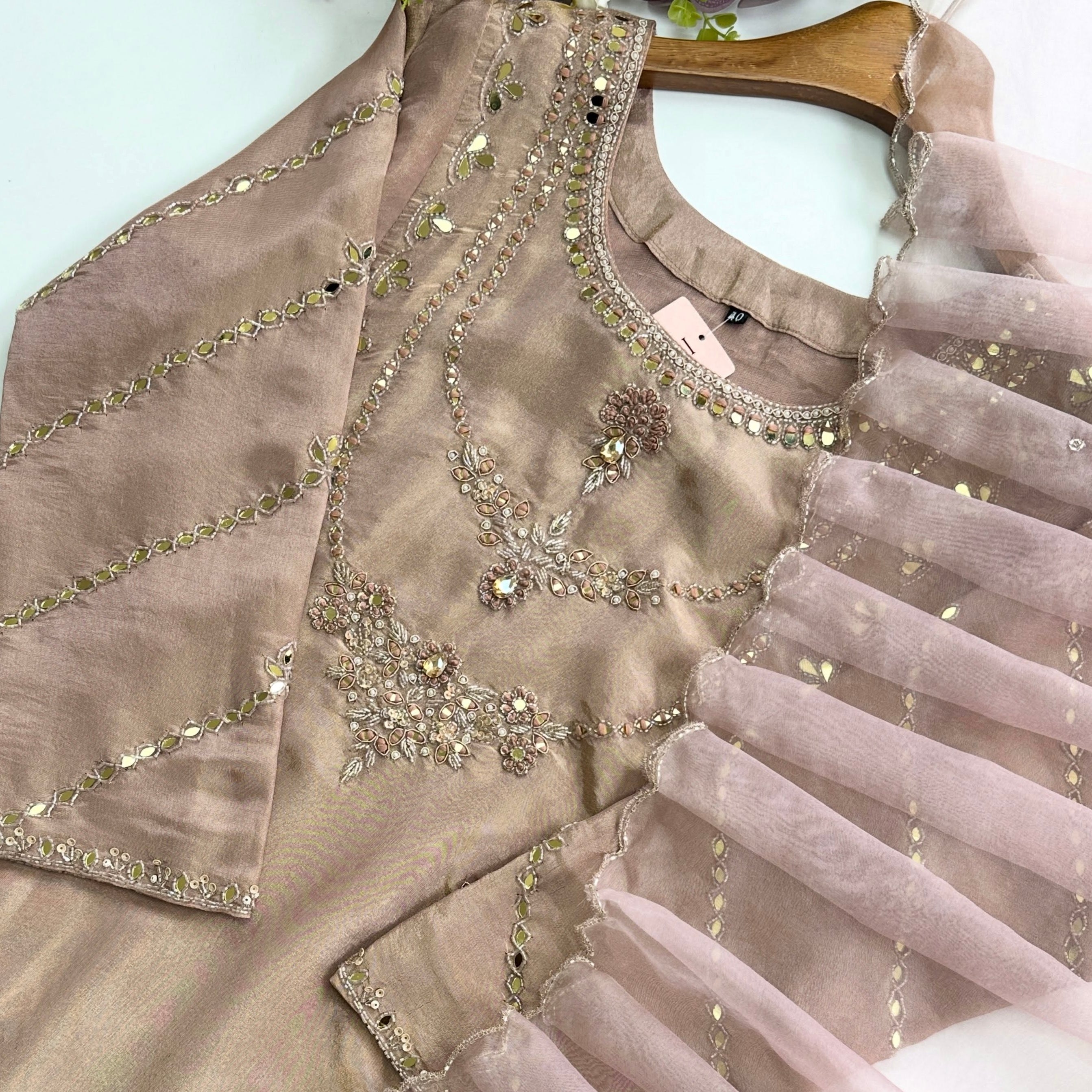 ✨Pearl – Premium Blush Beige Tissue A Line Kurta Set