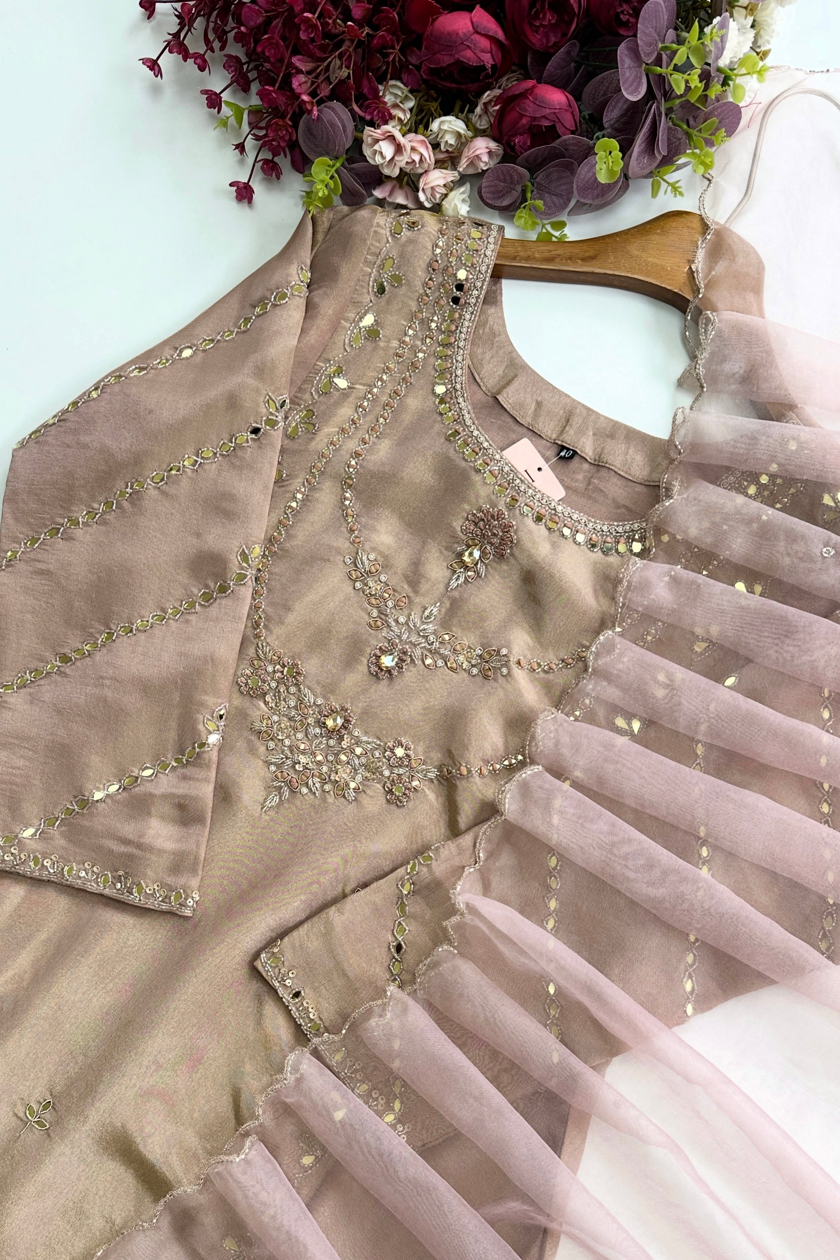 ✨Pearl – Premium Blush Beige Tissue A Line Kurta Set
