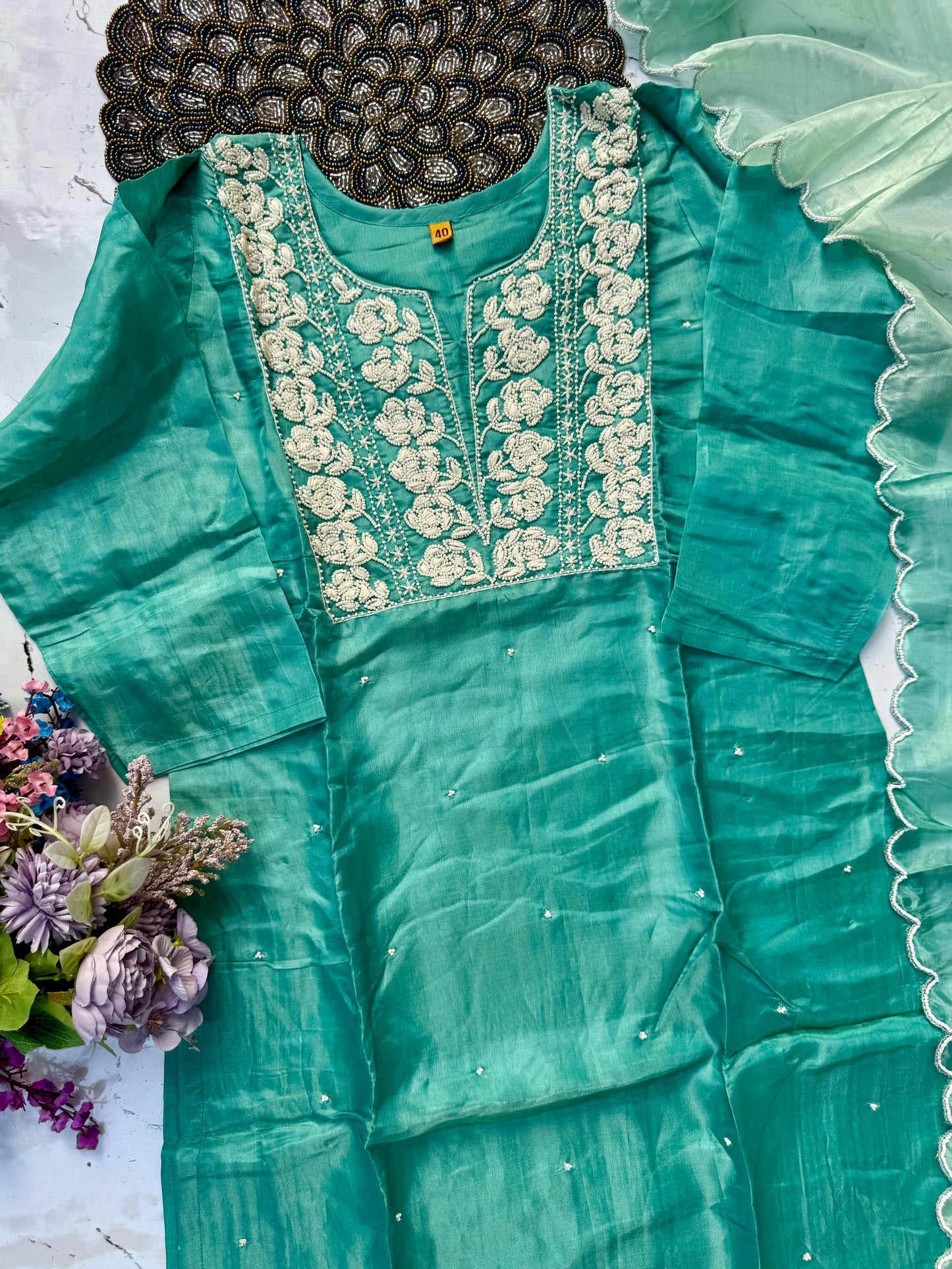 “NAIRA” Beautiful Tissue silk kurta with with pearl work set