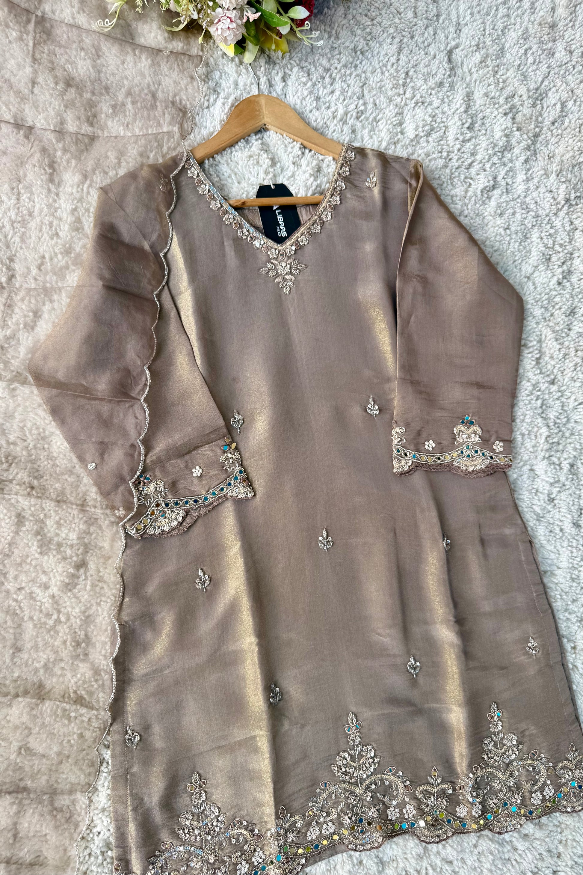 ✨Az002- Champagne Gold Tissue Divider Sharara Suit