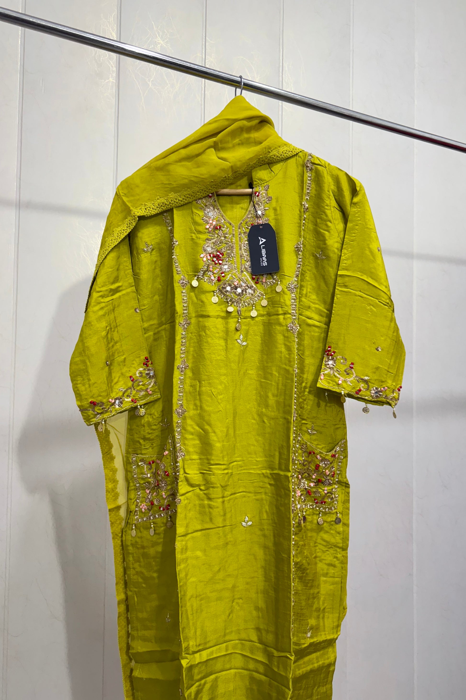 “Lime” Greenish Green Dola Silk Heavy Handwork Suit Set