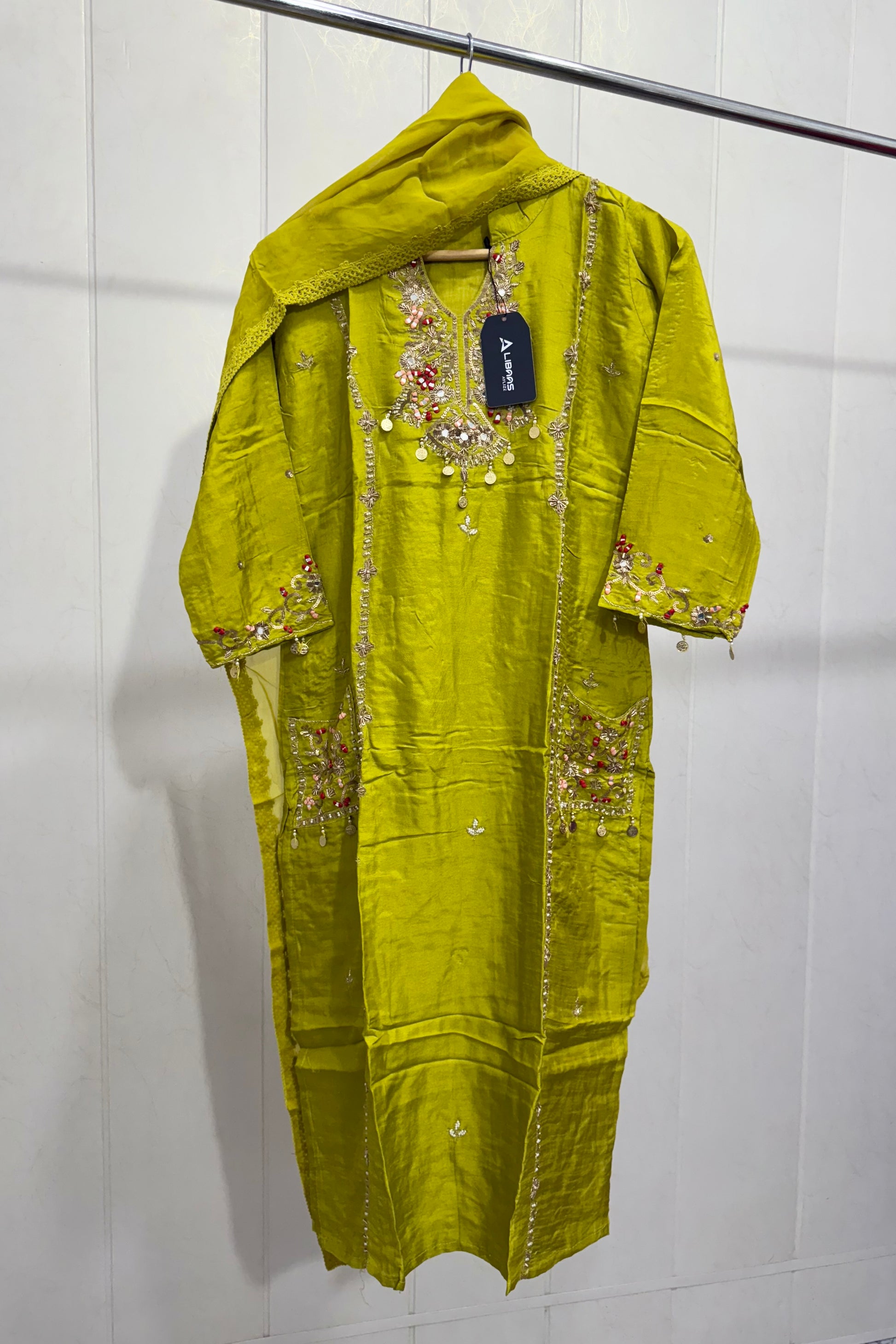 “Lime” Greenish Green Dola Silk Heavy Handwork Suit Set