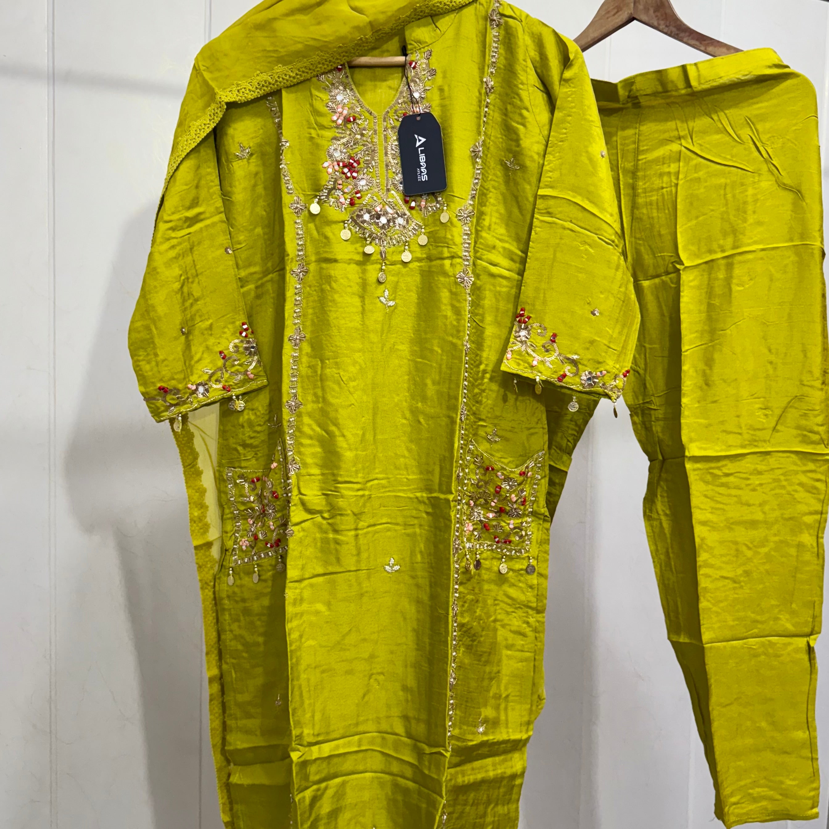 “Lime” Greenish Green Dola Silk Heavy Handwork Suit Set
