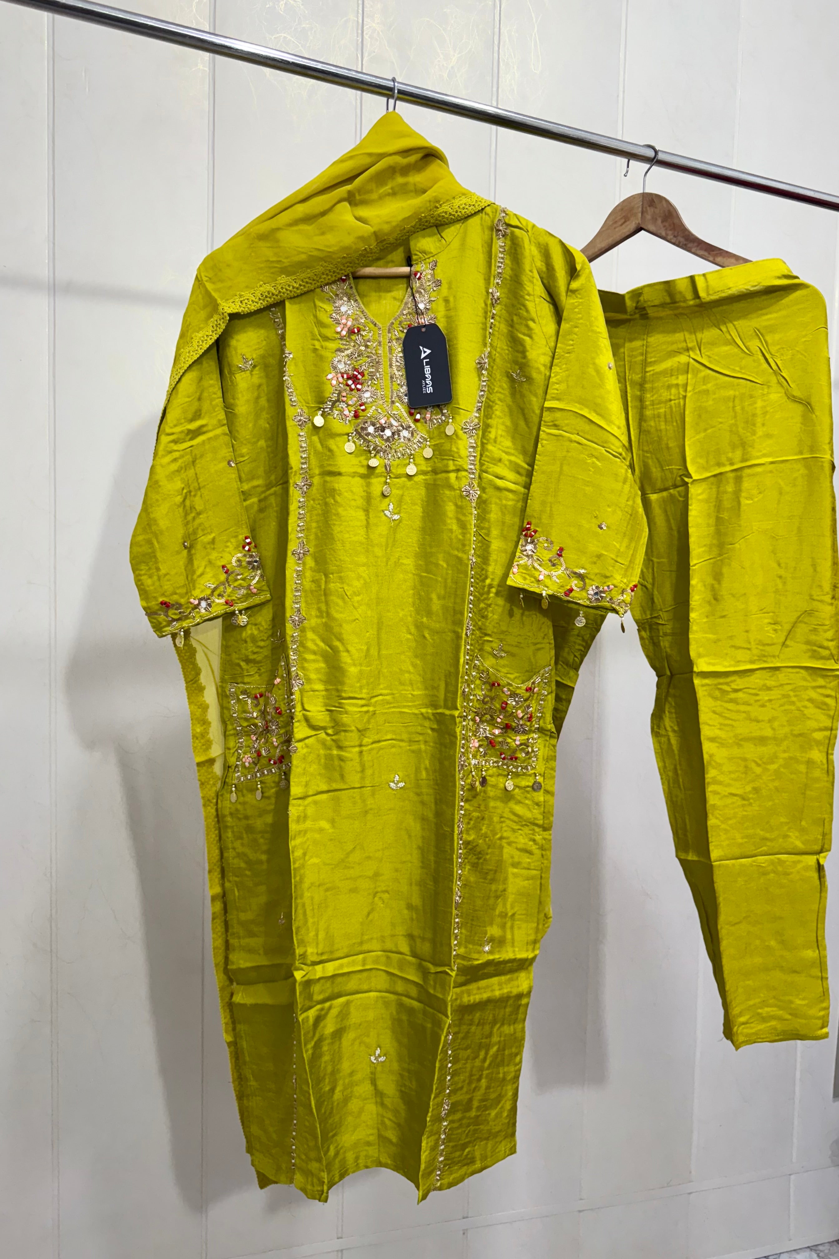 “Lime” Greenish Green Dola Silk Heavy Handwork Suit Set