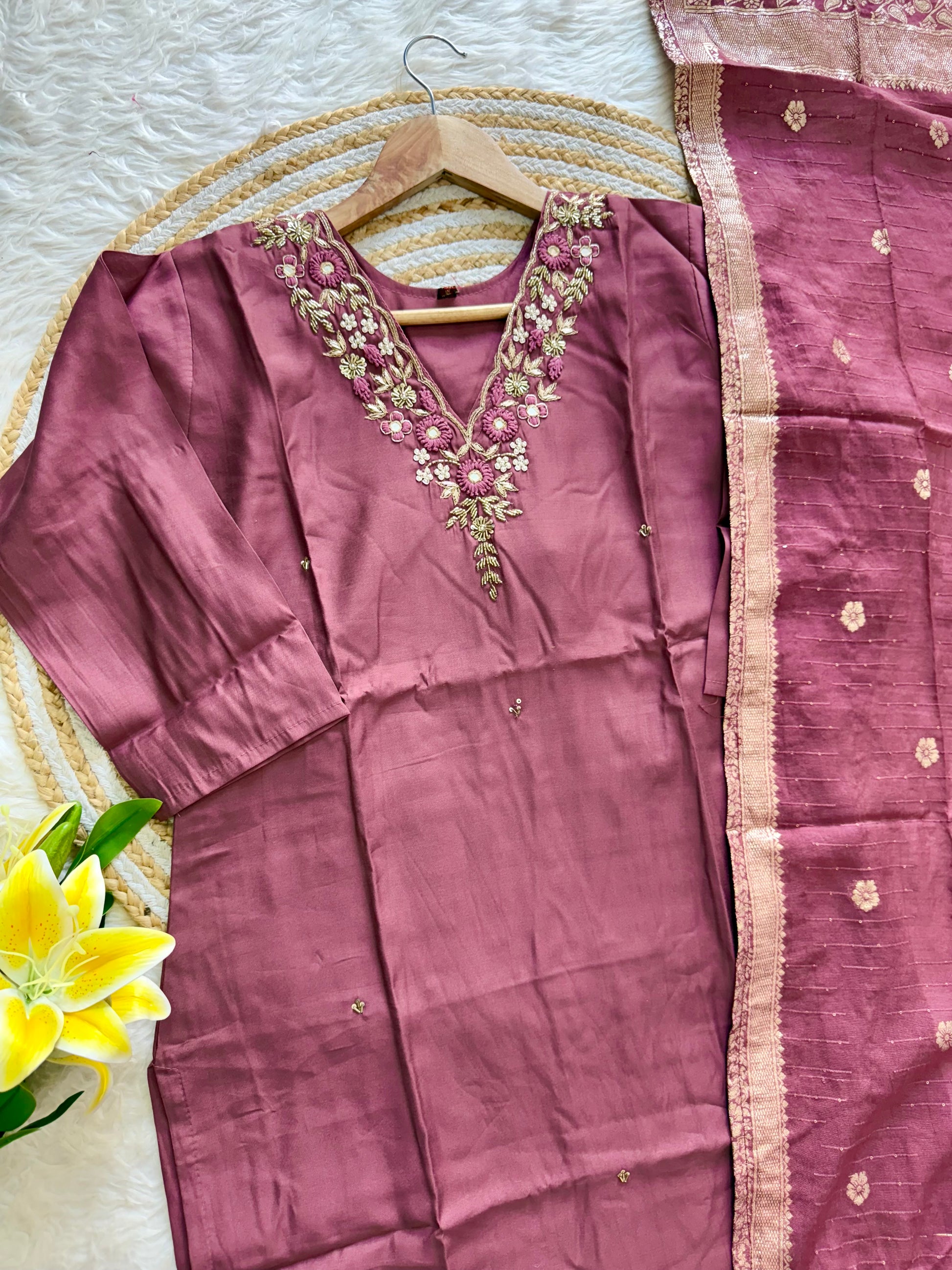 “Saanvi” Elegant russain silk hand embroidery work suit