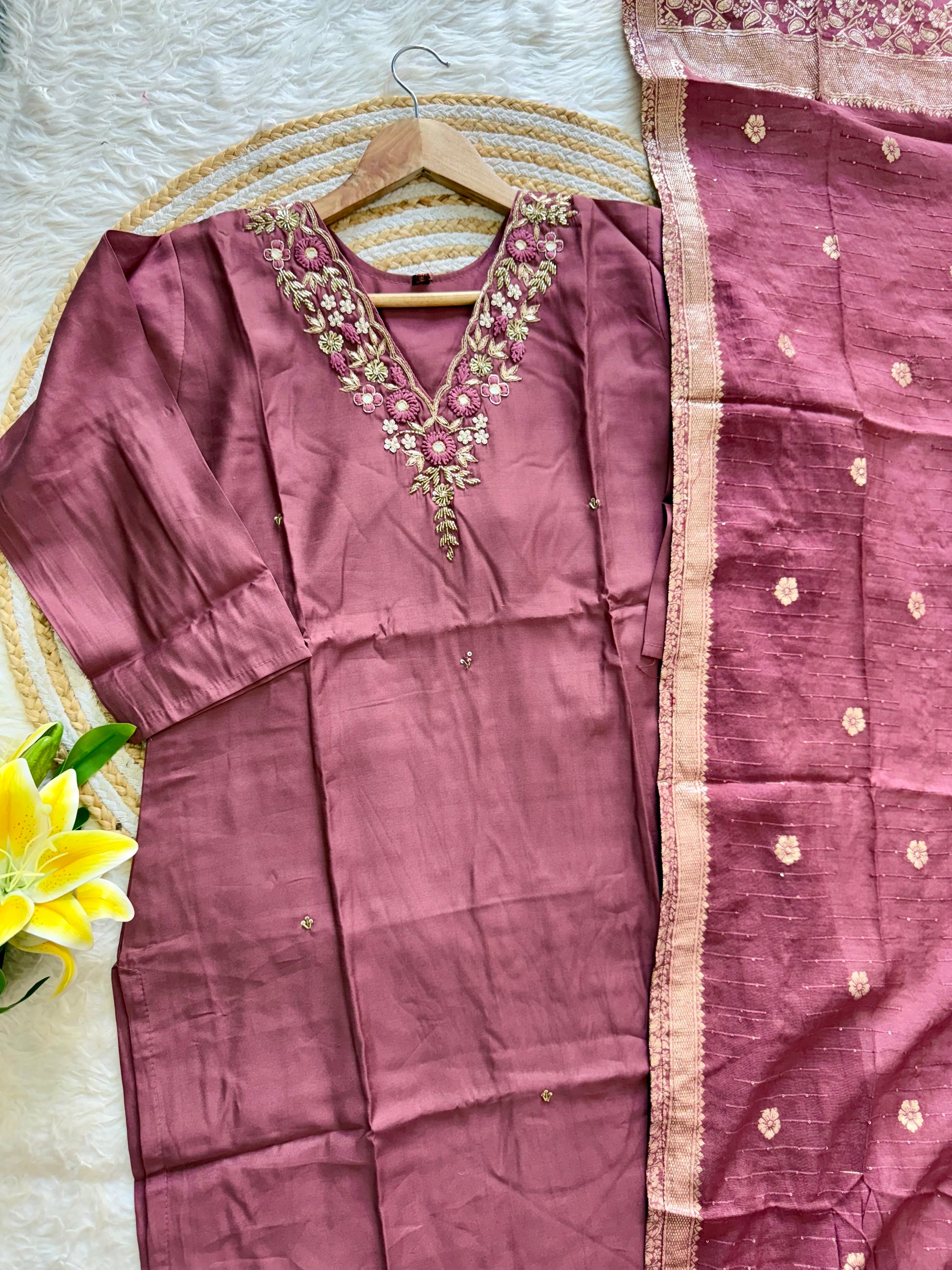 “Saanvi” Elegant russain silk hand embroidery work suit