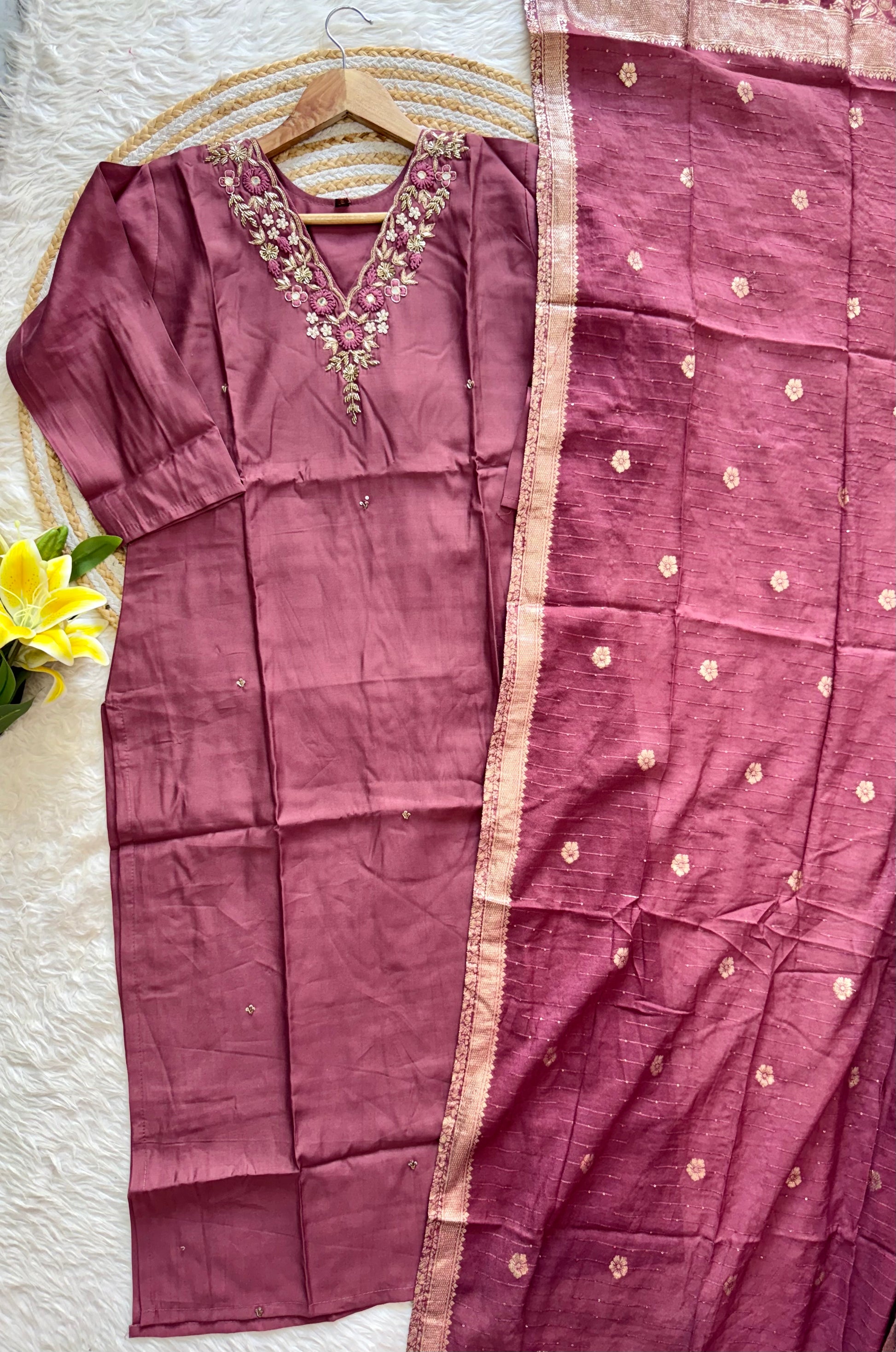 “Saanvi” Elegant russain silk hand embroidery work suit