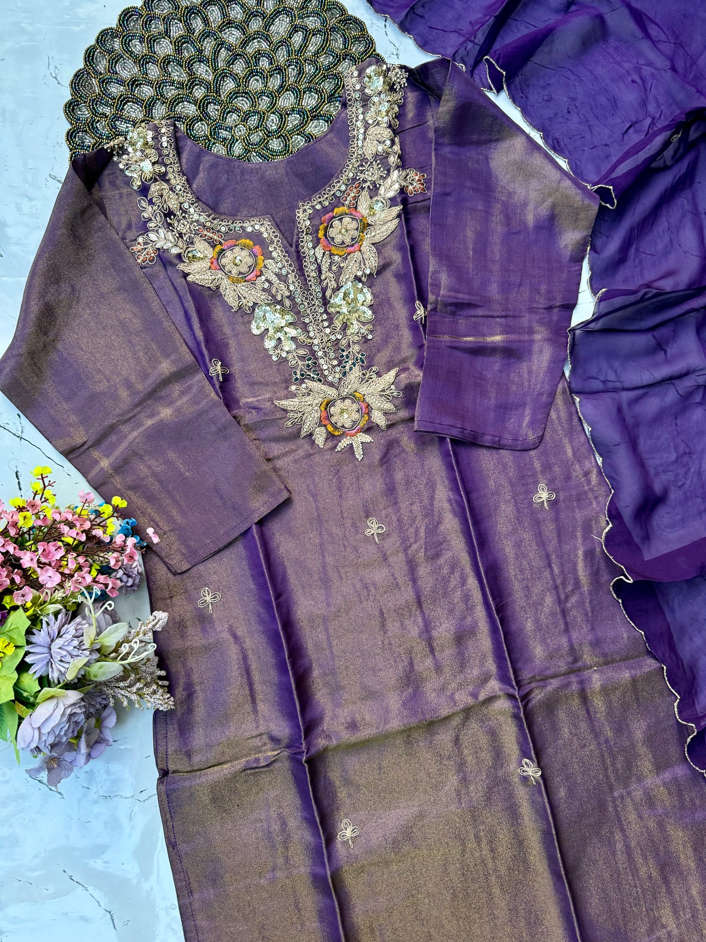 “HAYAT” Premium tissue silk stright kurti bottom with dupatta set