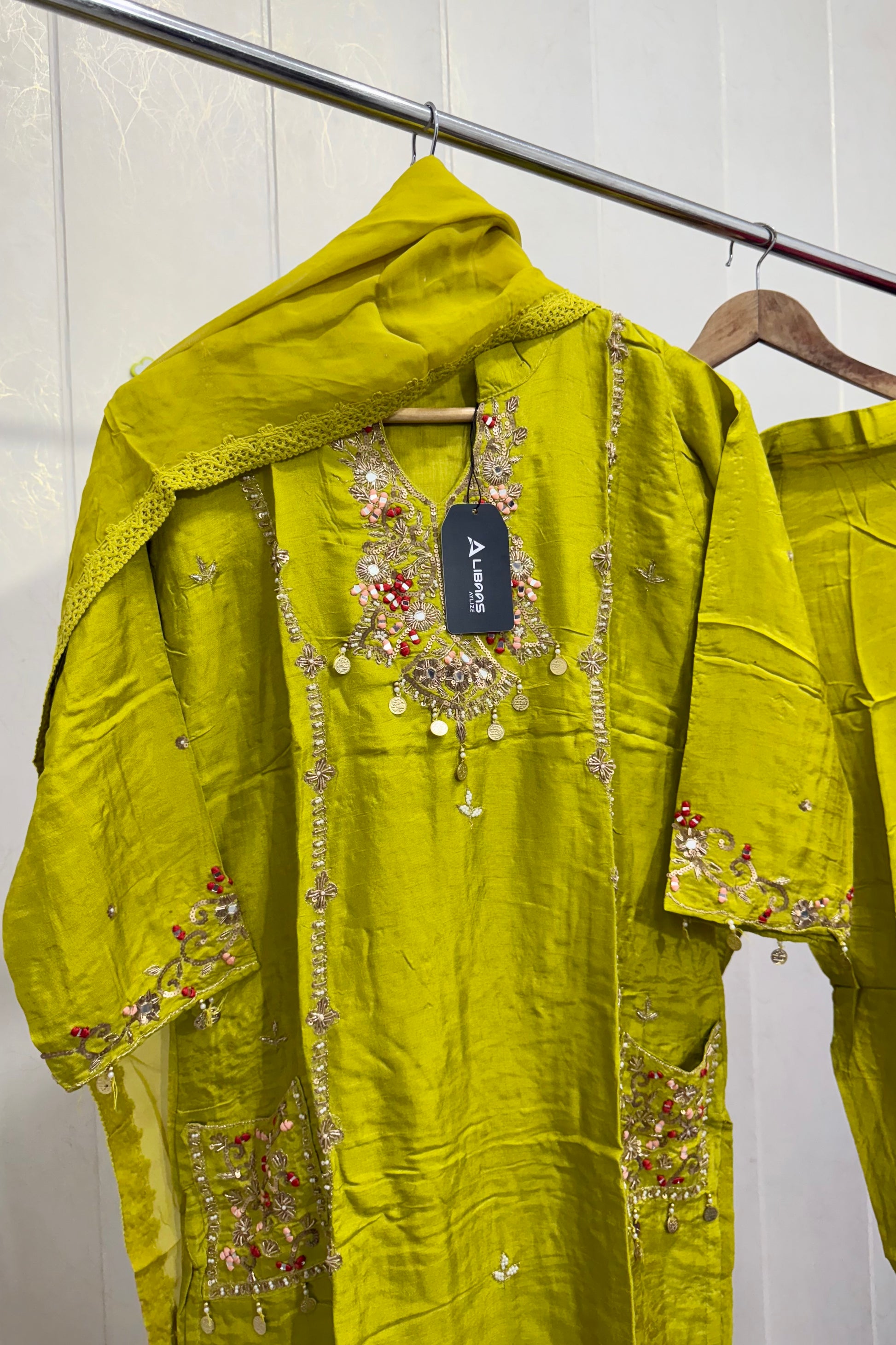 “Lime” Greenish Green Dola Silk Heavy Handwork Suit Set