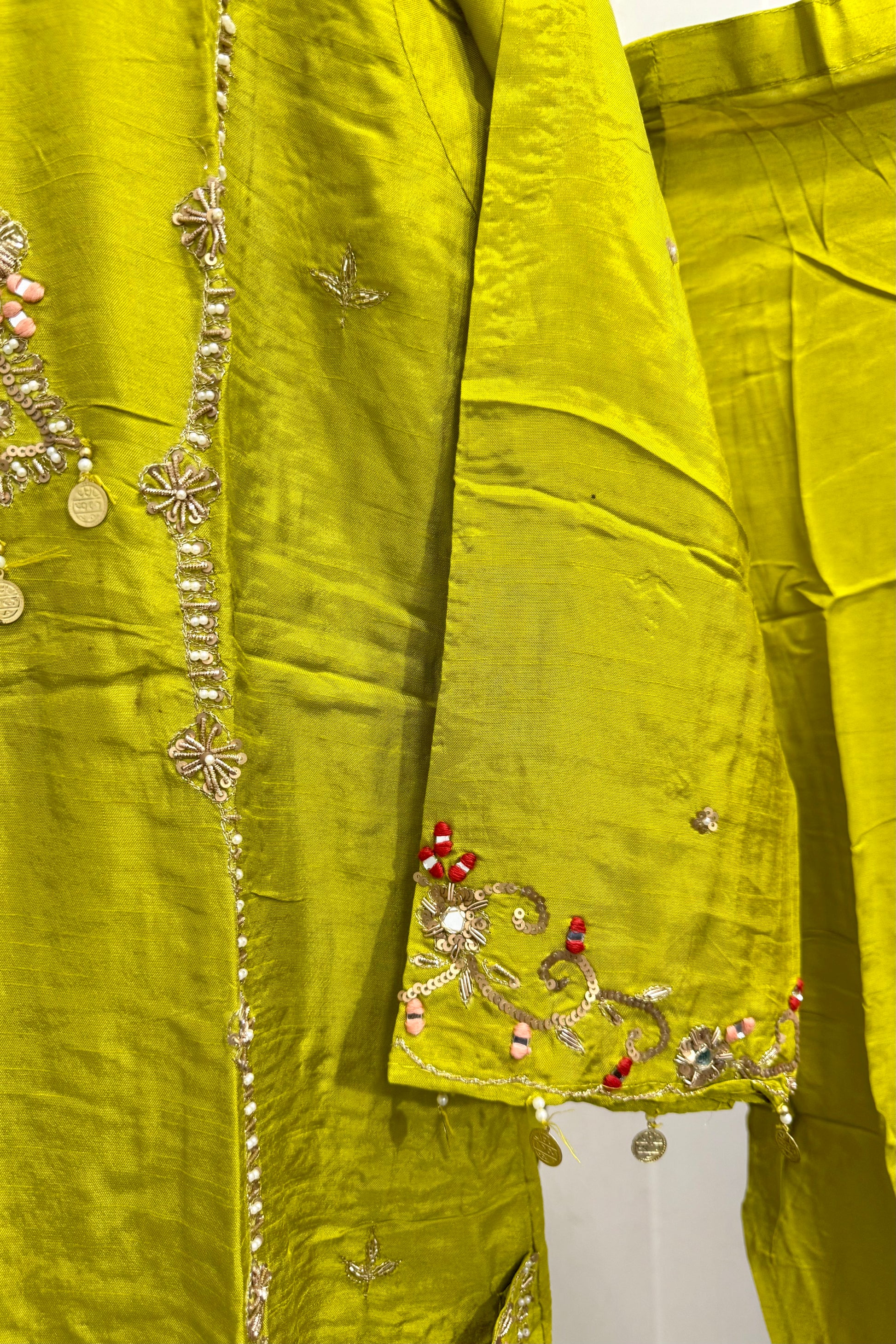 “Lime” Greenish Green Dola Silk Heavy Handwork Suit Set
