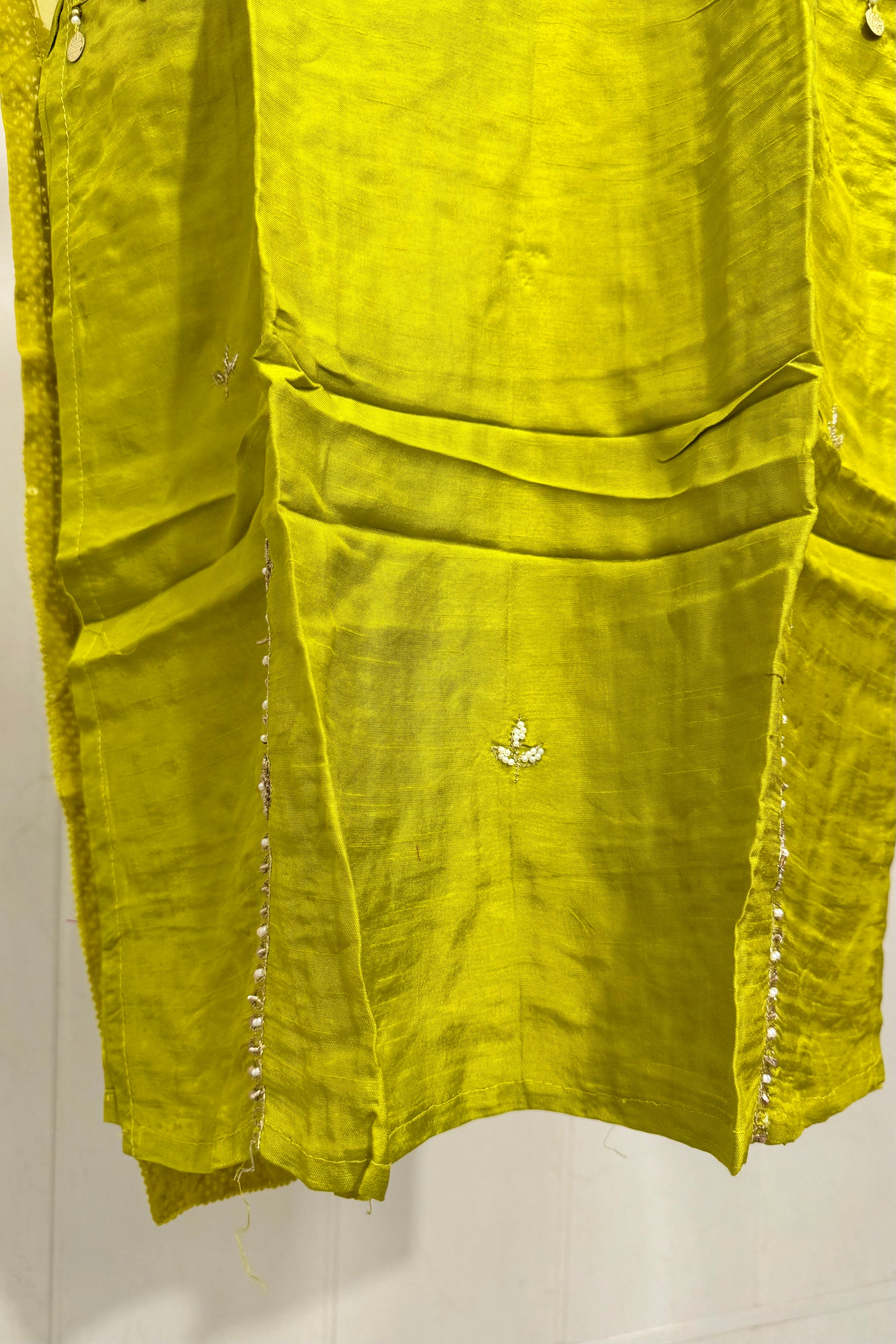 “Lime” Greenish Green Dola Silk Heavy Handwork Suit Set