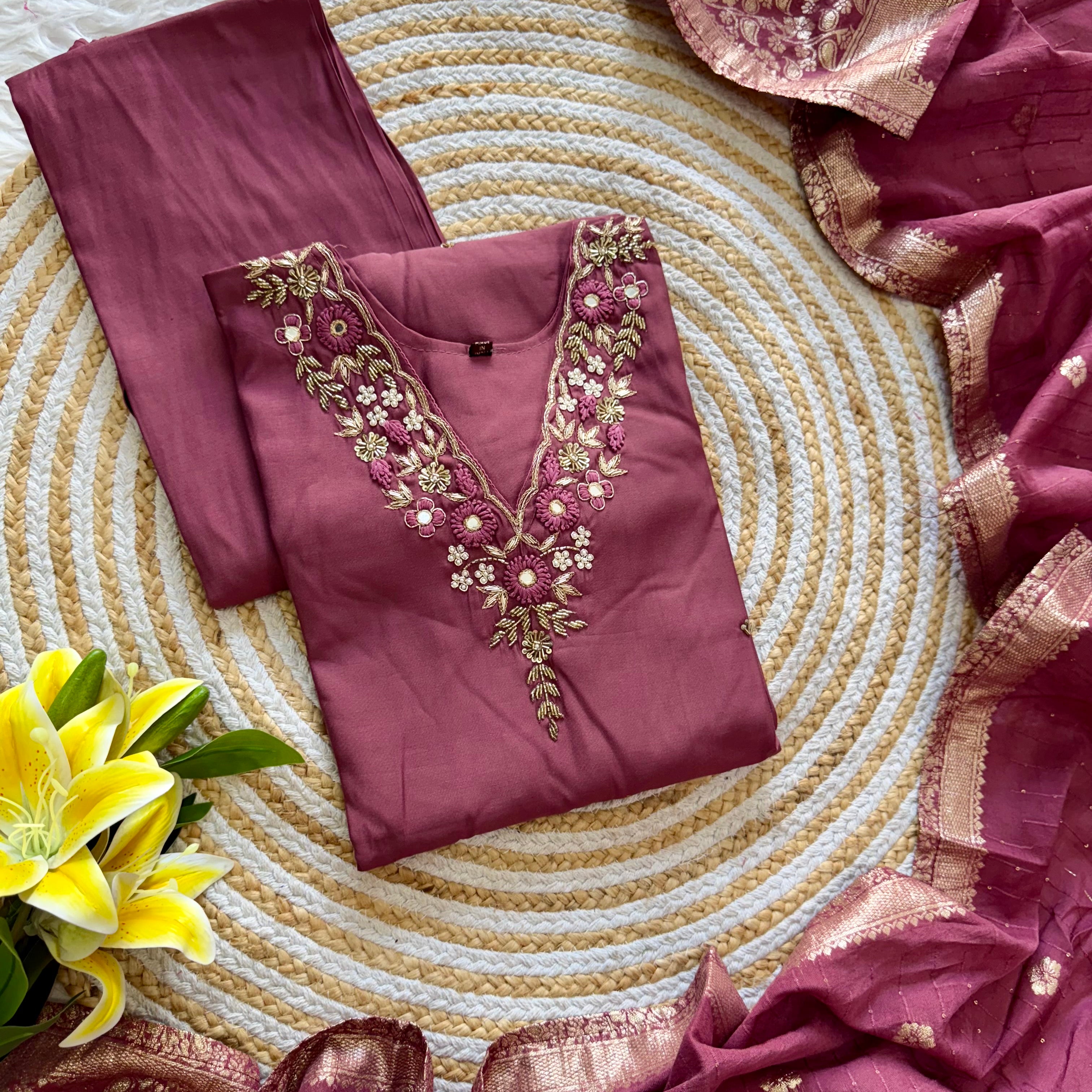 “Saanvi” Elegant russain silk hand embroidery work suit