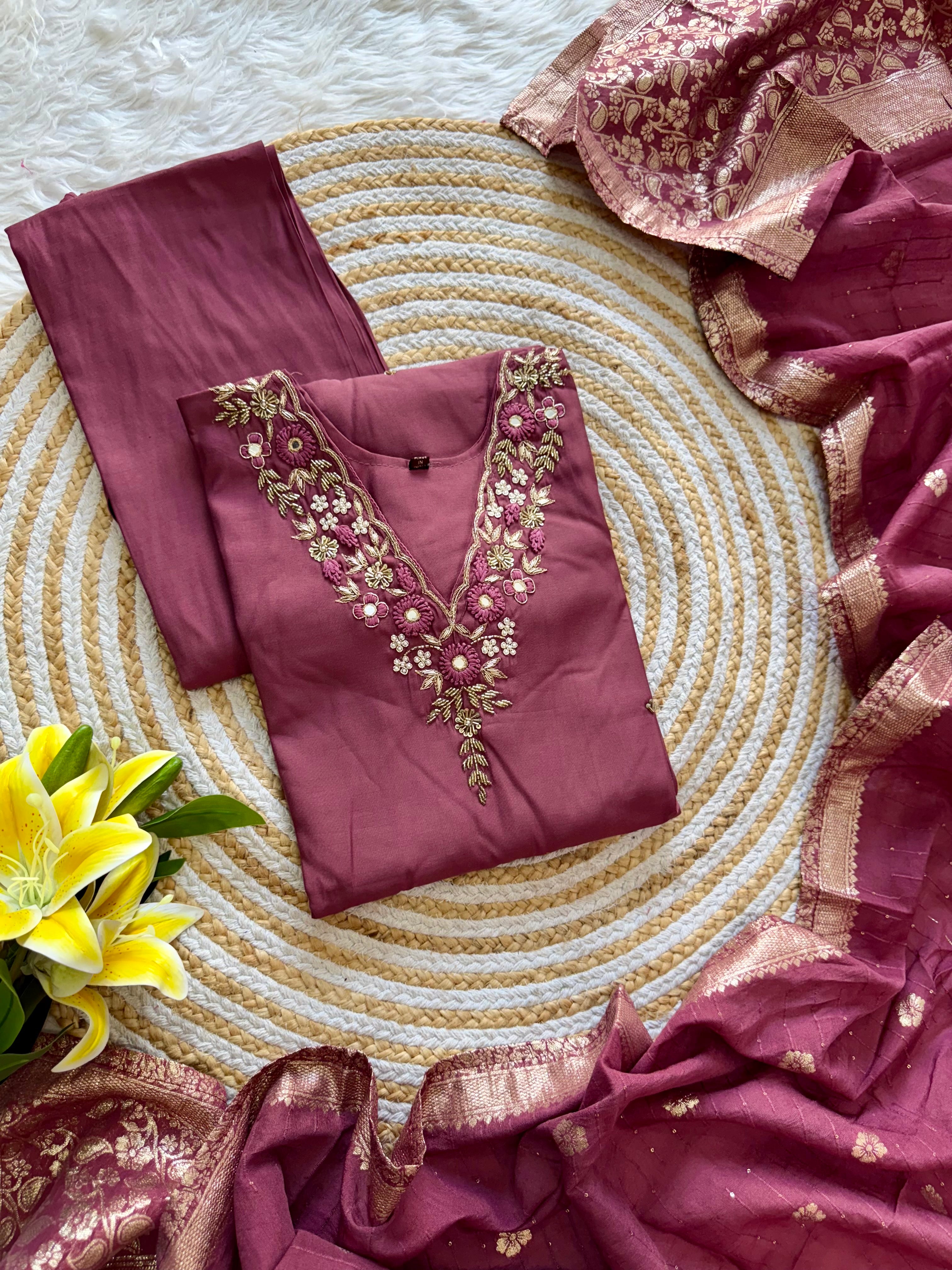 “Saanvi” Elegant russain silk hand embroidery work suit