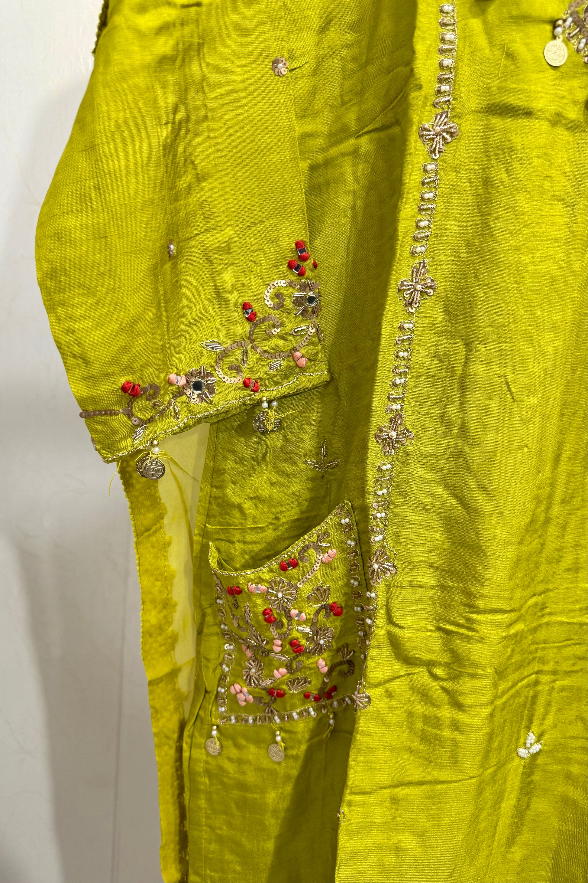 “Lime” Greenish Green Dola Silk Heavy Handwork Suit Set