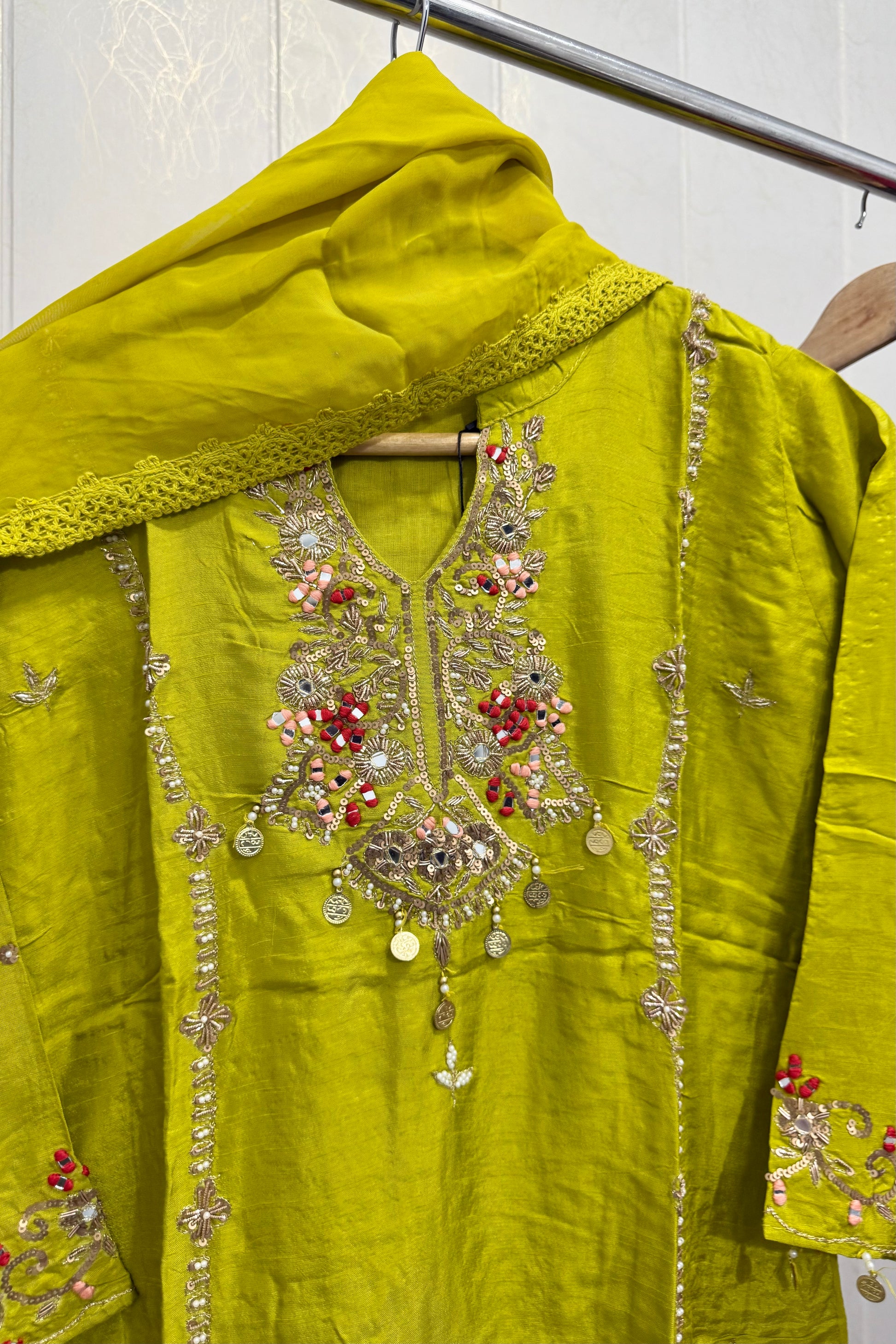 “Lime” Greenish Green Dola Silk Heavy Handwork Suit Set