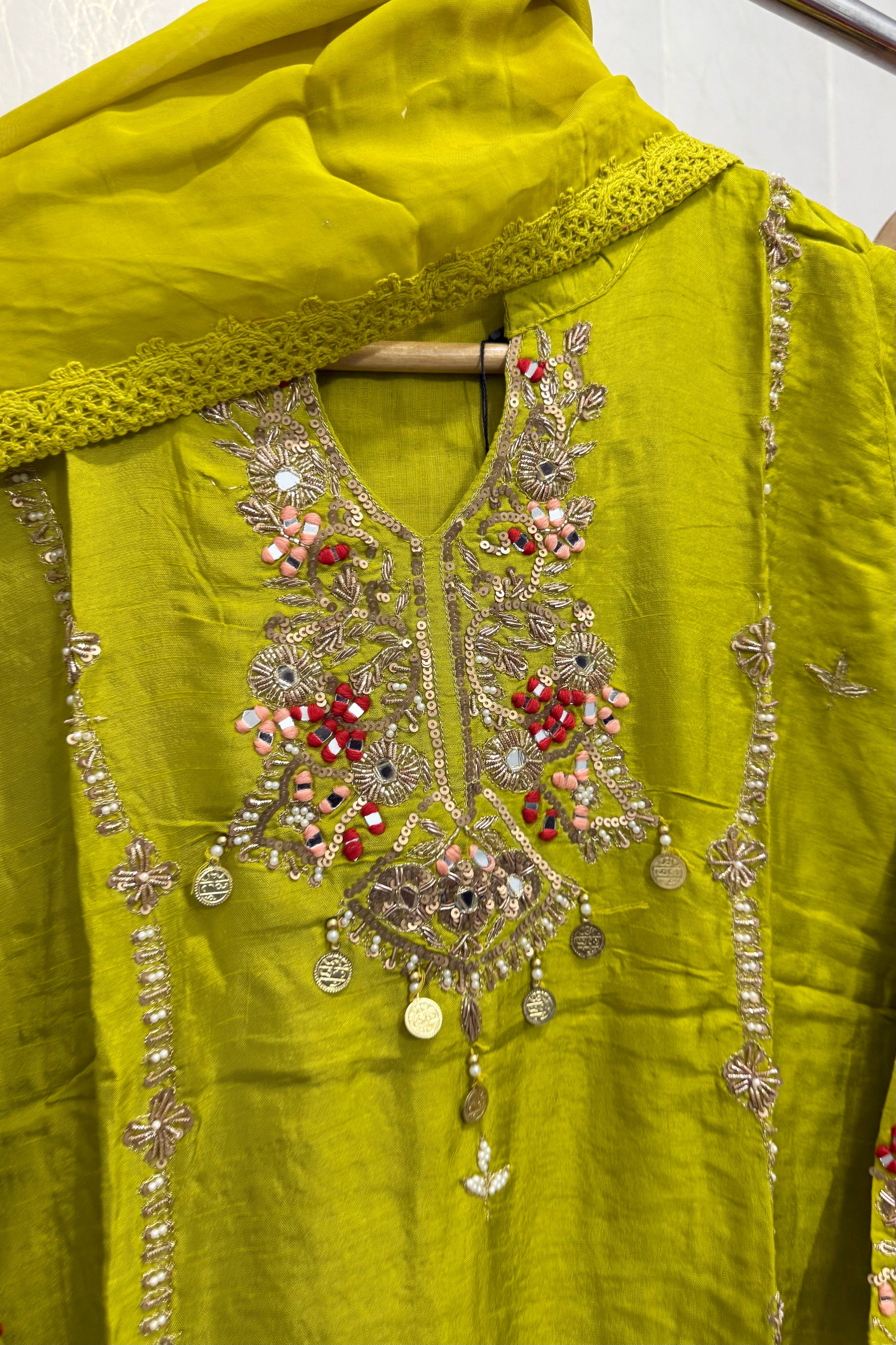 “Lime” Greenish Green Dola Silk Heavy Handwork Suit Set