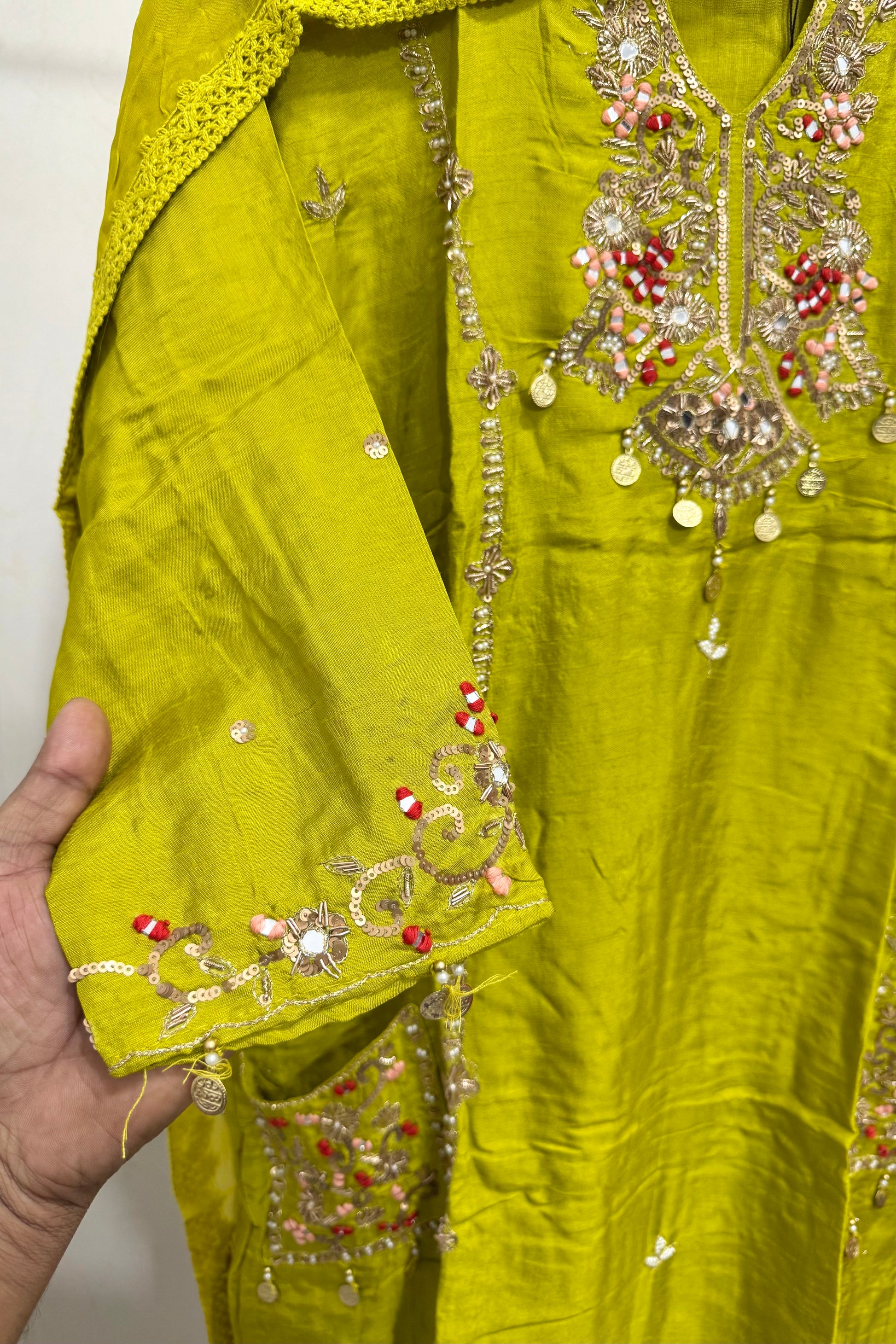 “Lime” Greenish Green Dola Silk Heavy Handwork Suit Set
