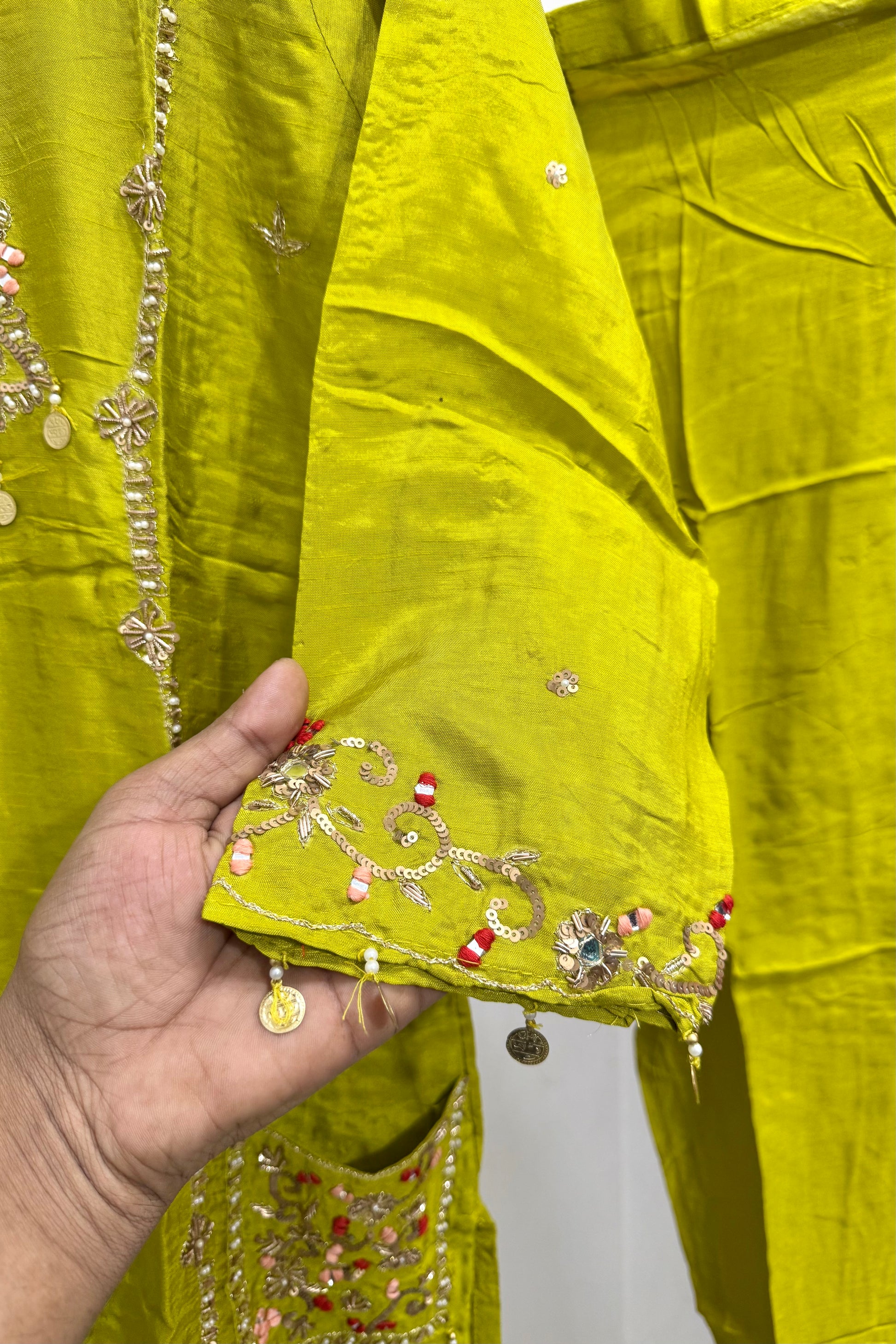 “Lime” Greenish Green Dola Silk Heavy Handwork Suit Set