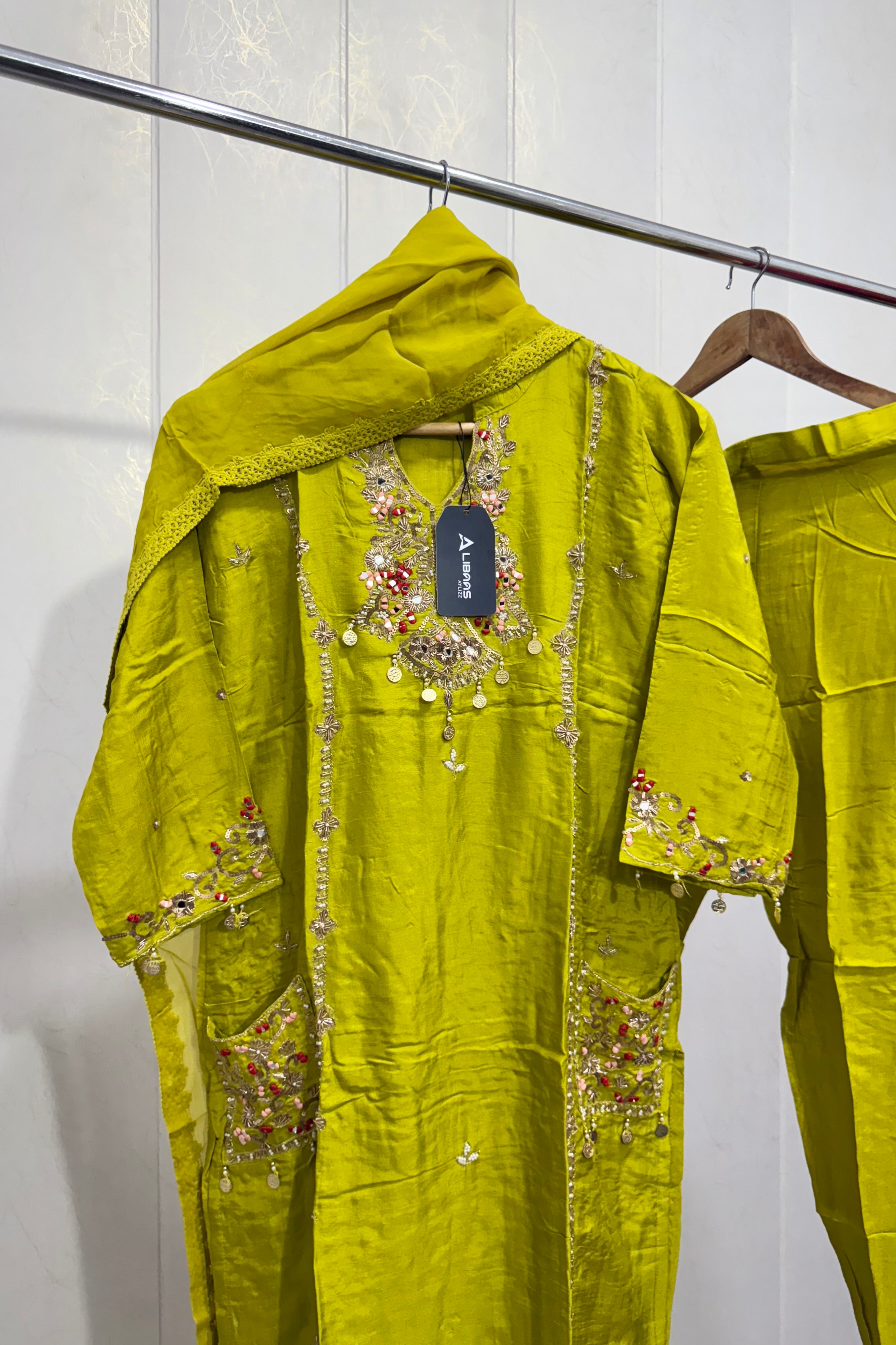 “Lime” Greenish Green Dola Silk Heavy Handwork Suit Set