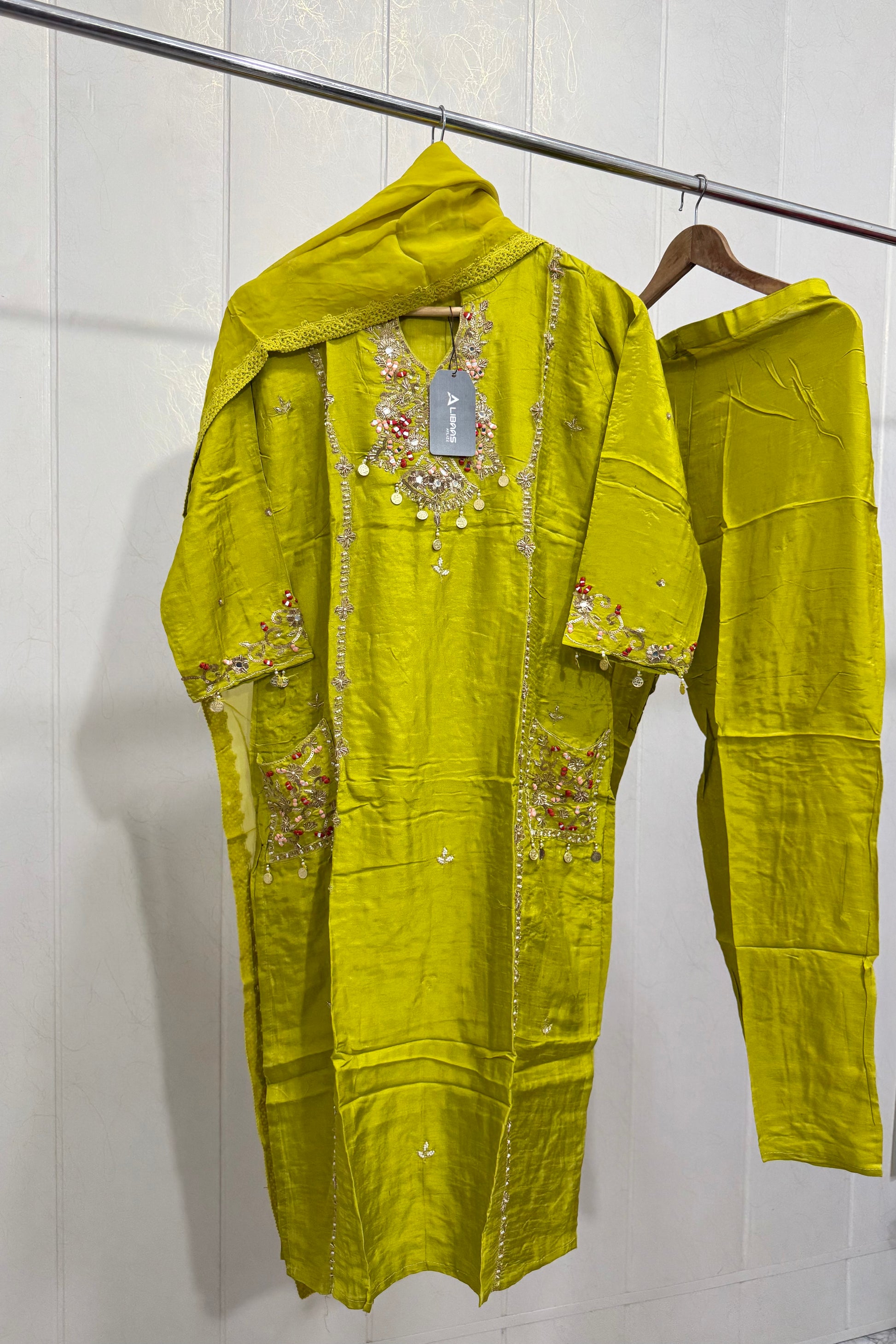 “Lime” Greenish Green Dola Silk Heavy Handwork Suit Set