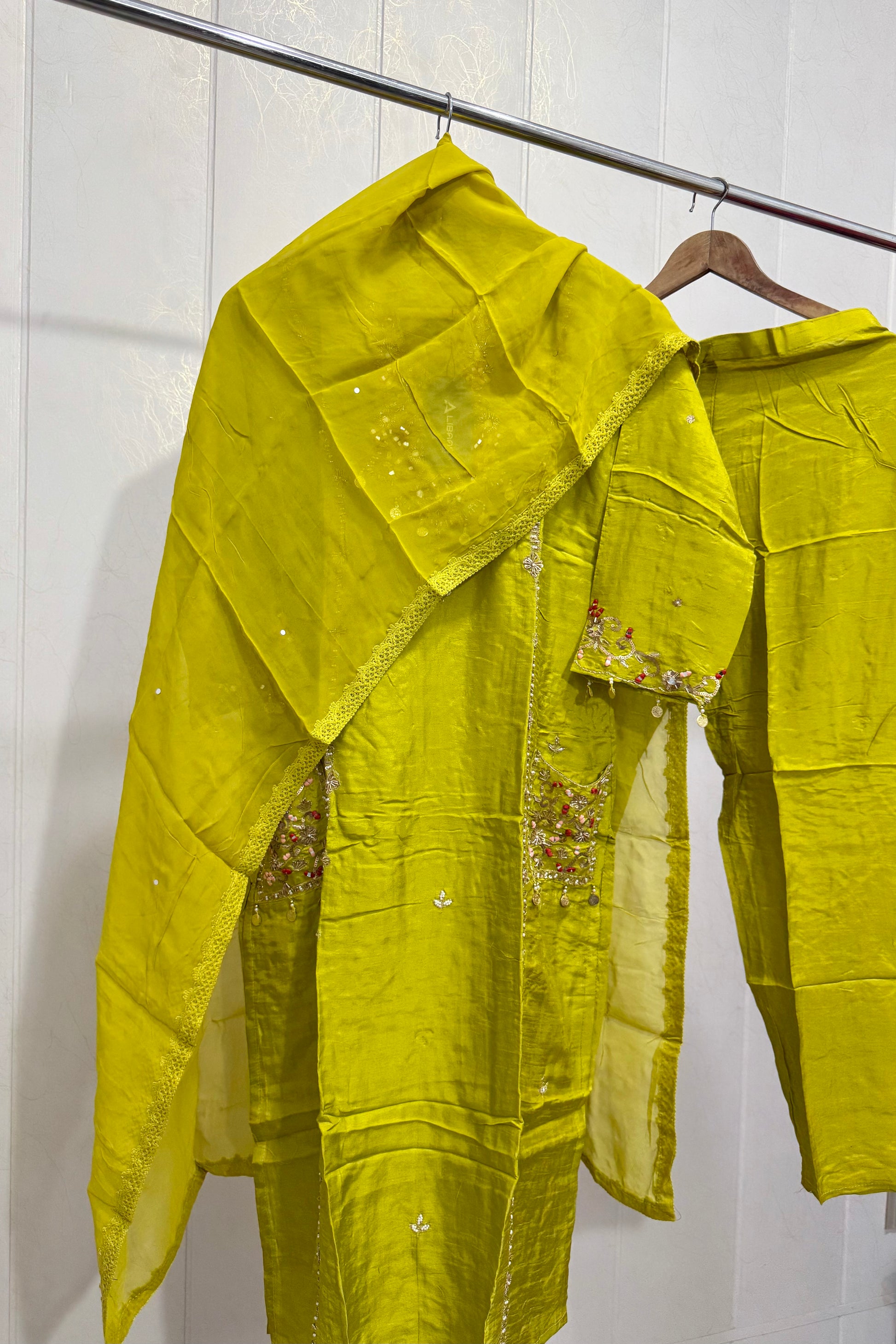 “Lime” Greenish Green Dola Silk Heavy Handwork Suit Set