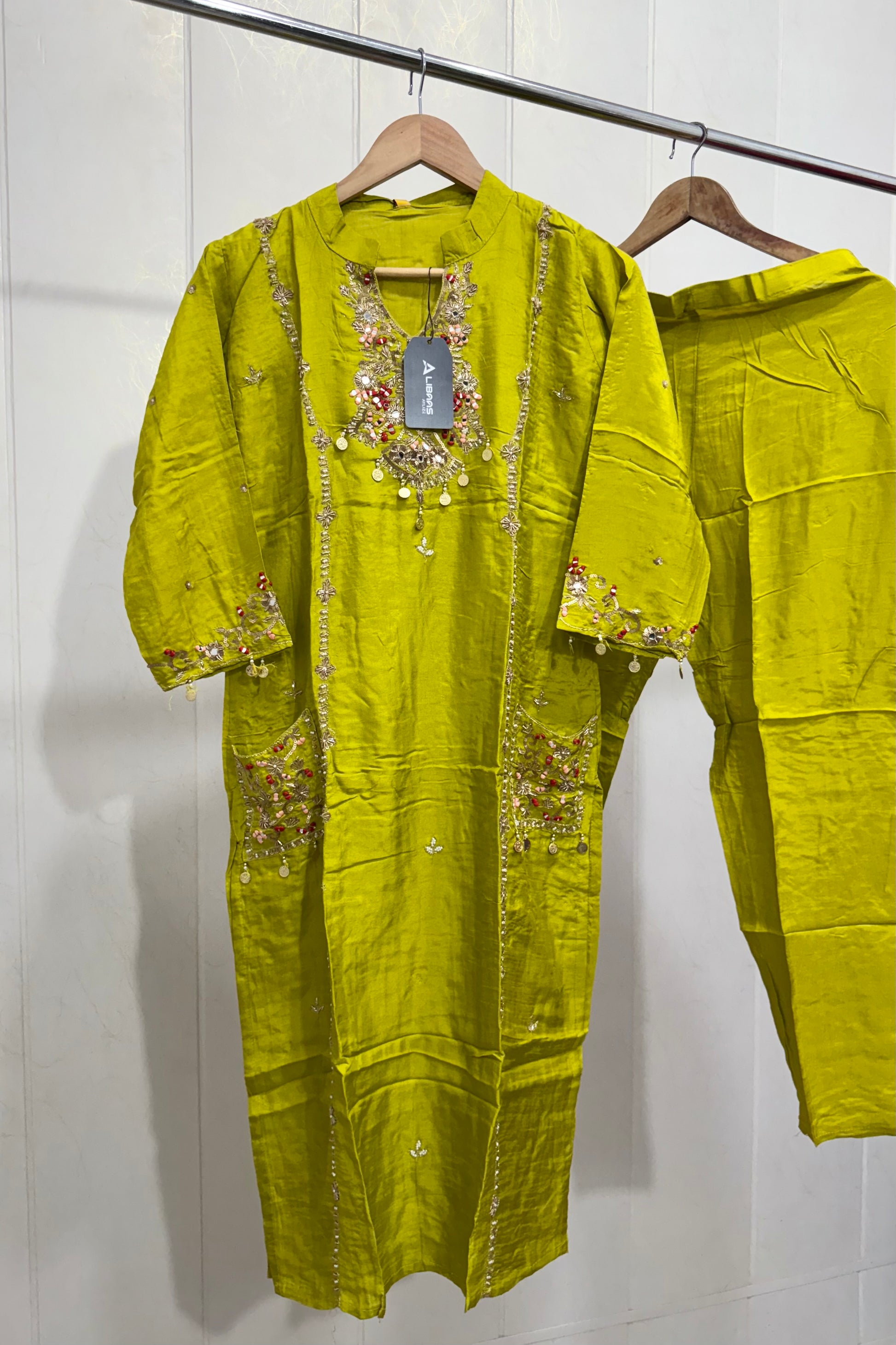 “Lime” Greenish Green Dola Silk Heavy Handwork Suit Set