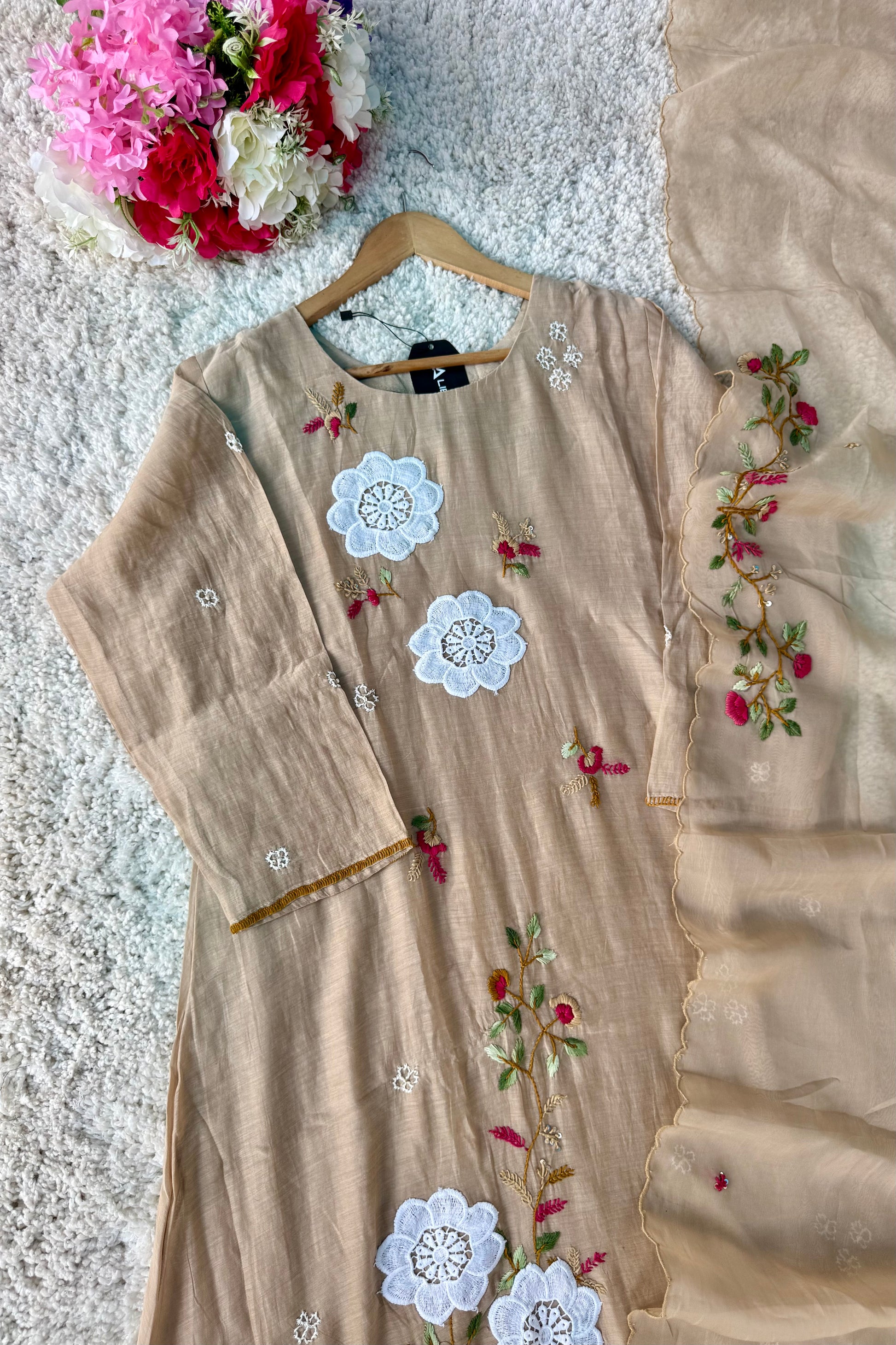 🛍️”Freya – Premium Chanderi Embroidered A Line Kurta Set