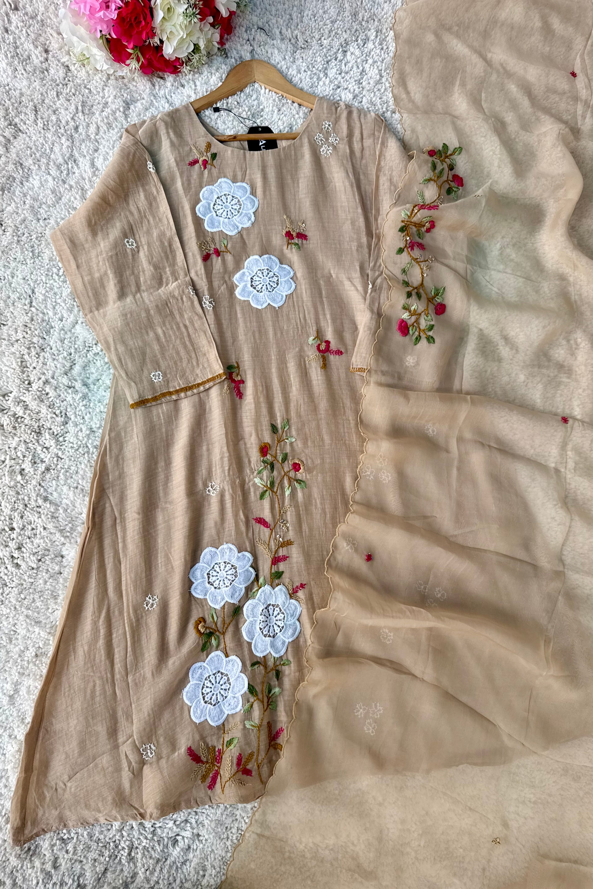 🛍️”Freya – Premium Chanderi Embroidered A Line Kurta Set