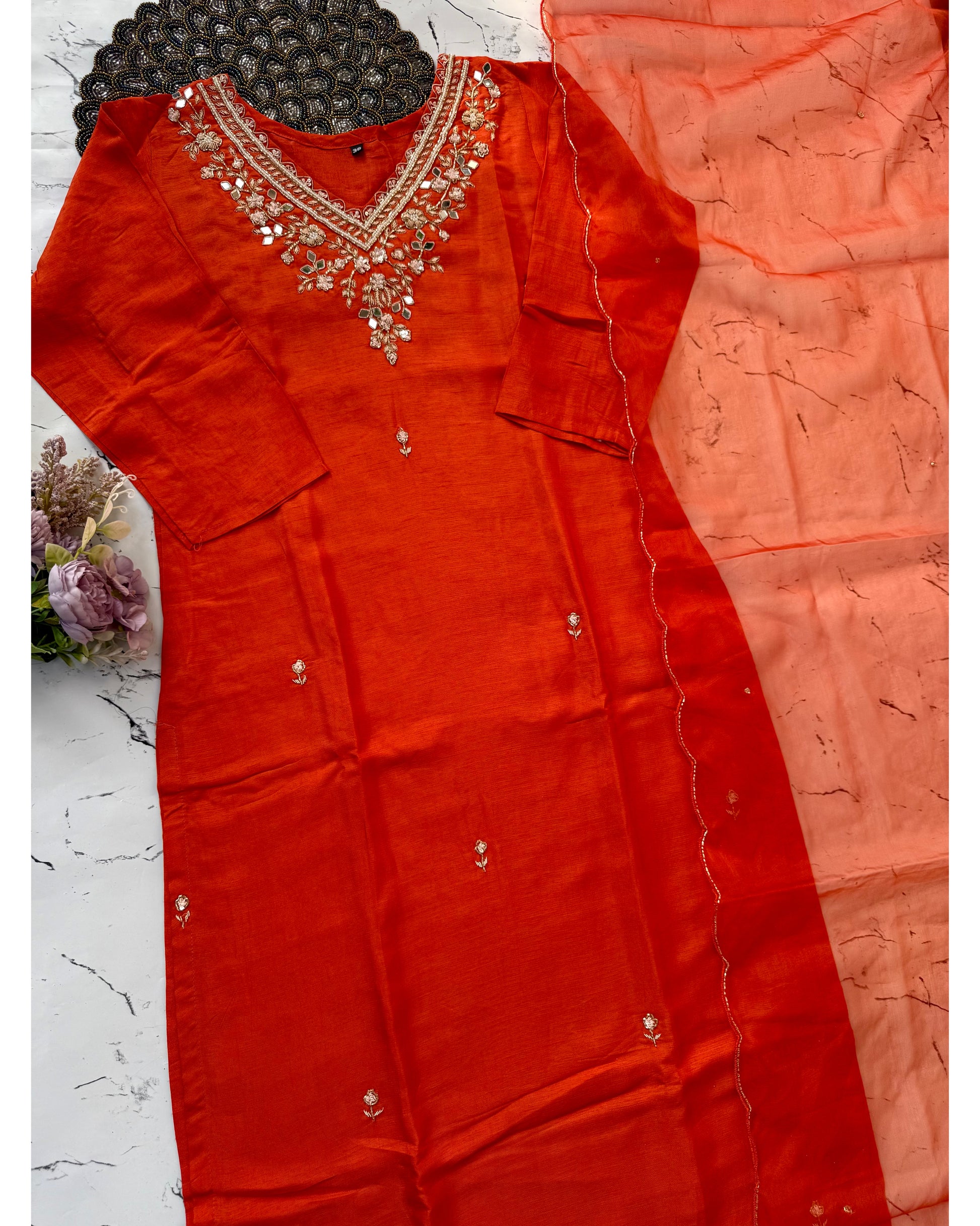 Aasma” Handcrafted mirror work dola silk kurti set 🛍️