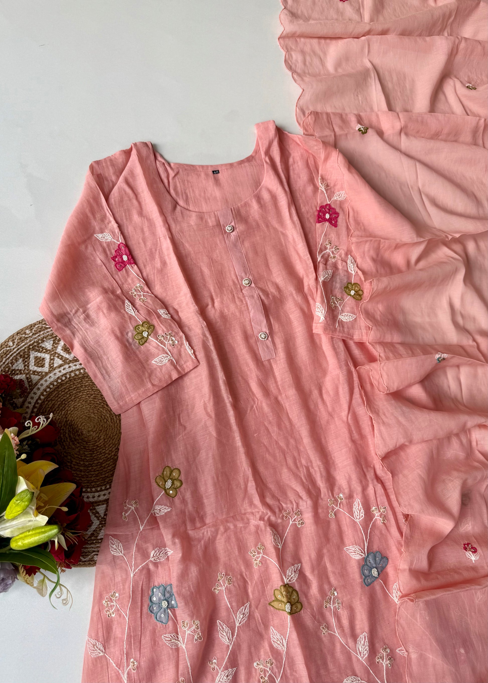 “Wow” Mul Chanderi Applique Embroidered A line Kurta Set