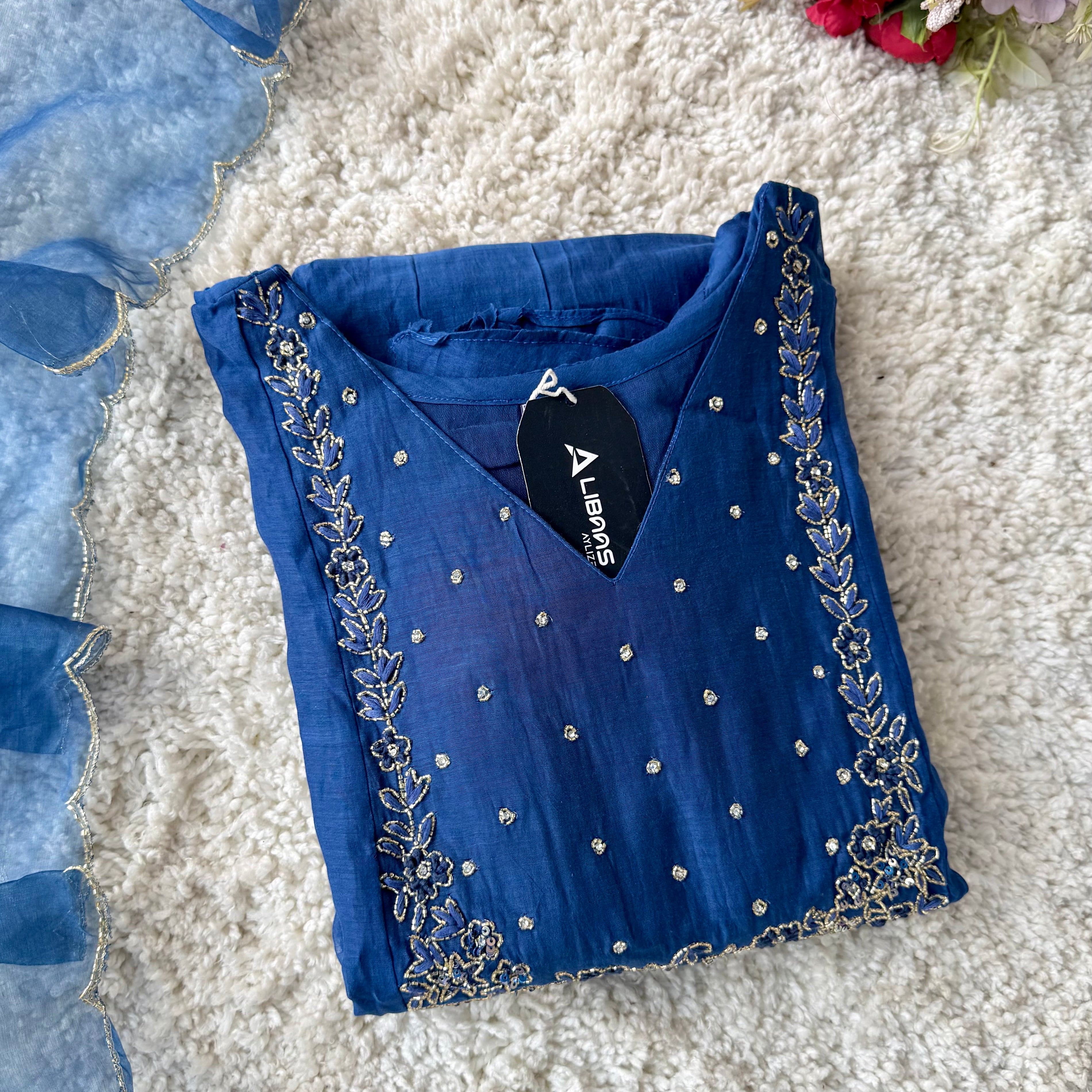 💙Ayza- Premium Blue Mul Chanderi A Line Suit set 🛍️
