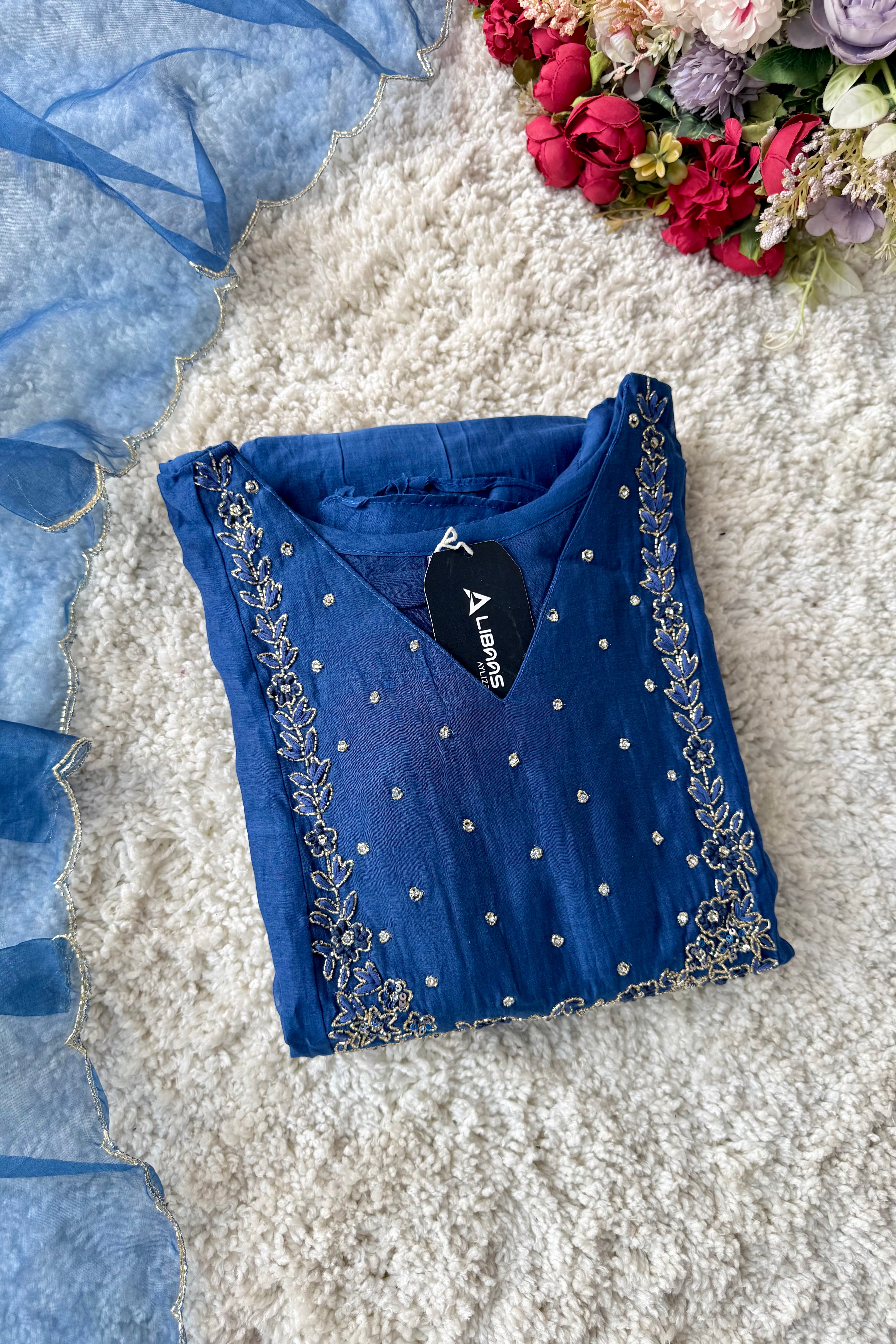 💙Ayza- Premium Blue Mul Chanderi A Line Suit set 🛍️