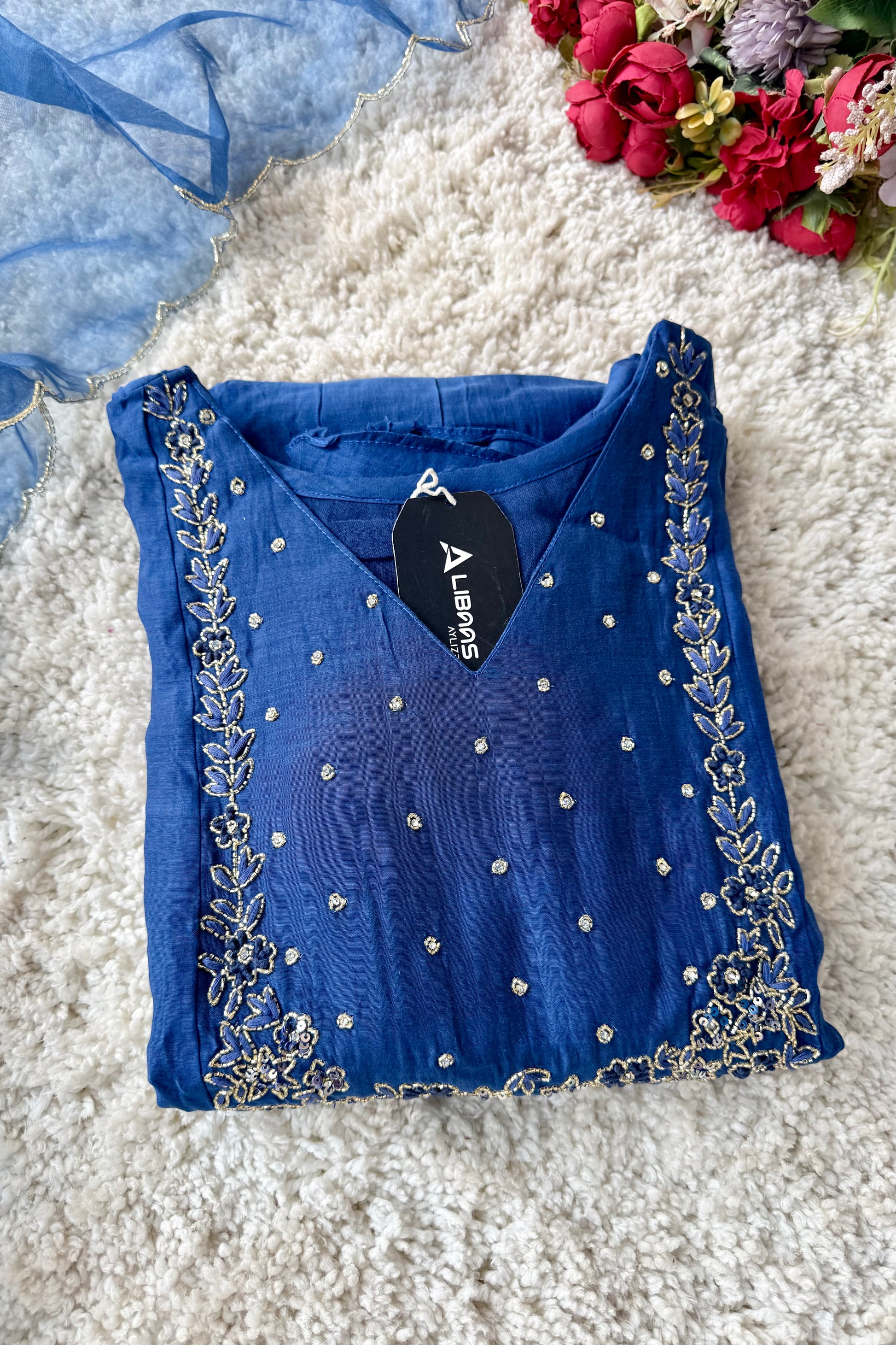 💙Ayza- Premium Blue Mul Chanderi A Line Suit set 🛍️