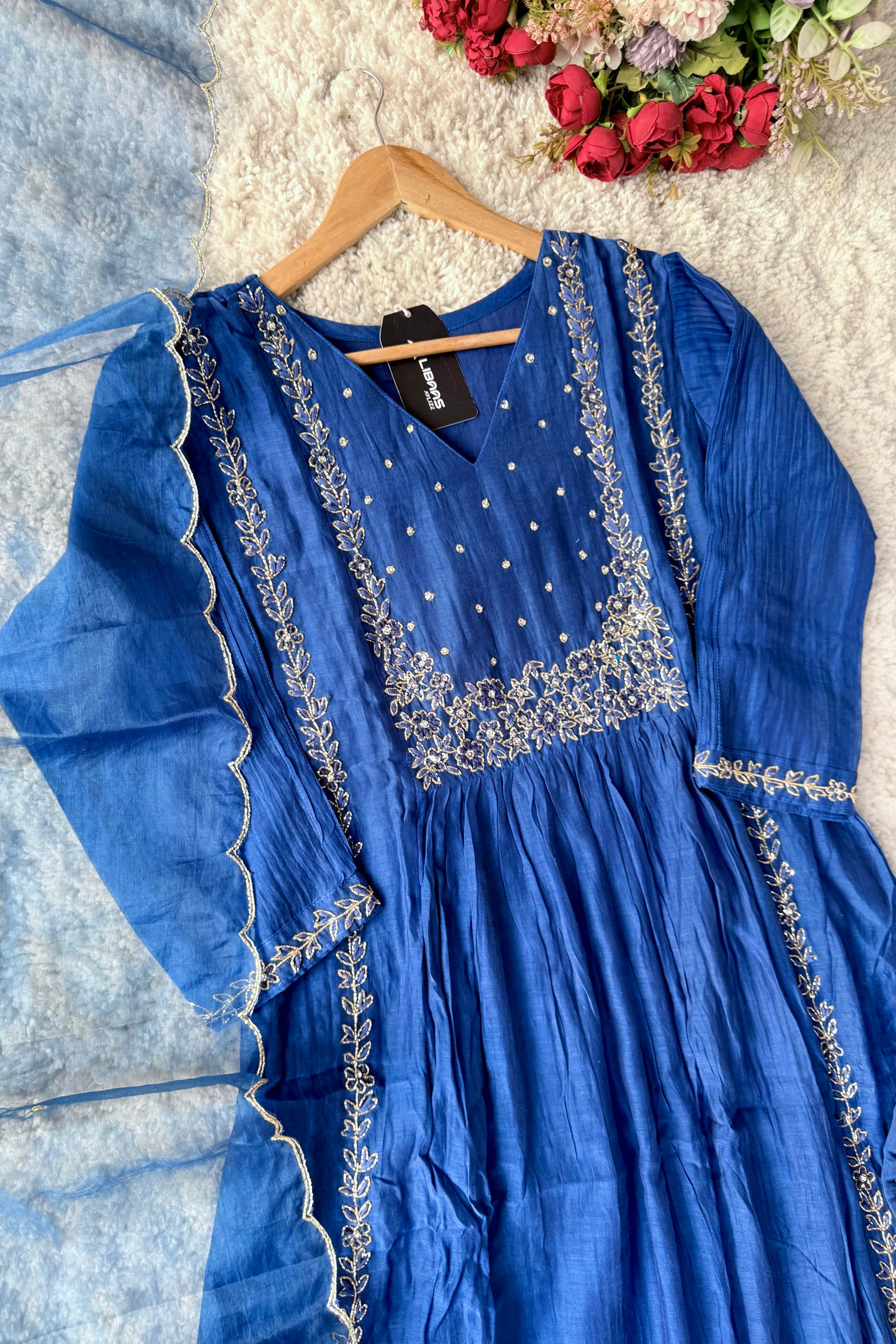💙Ayza- Premium Blue Mul Chanderi A Line Suit set 🛍️