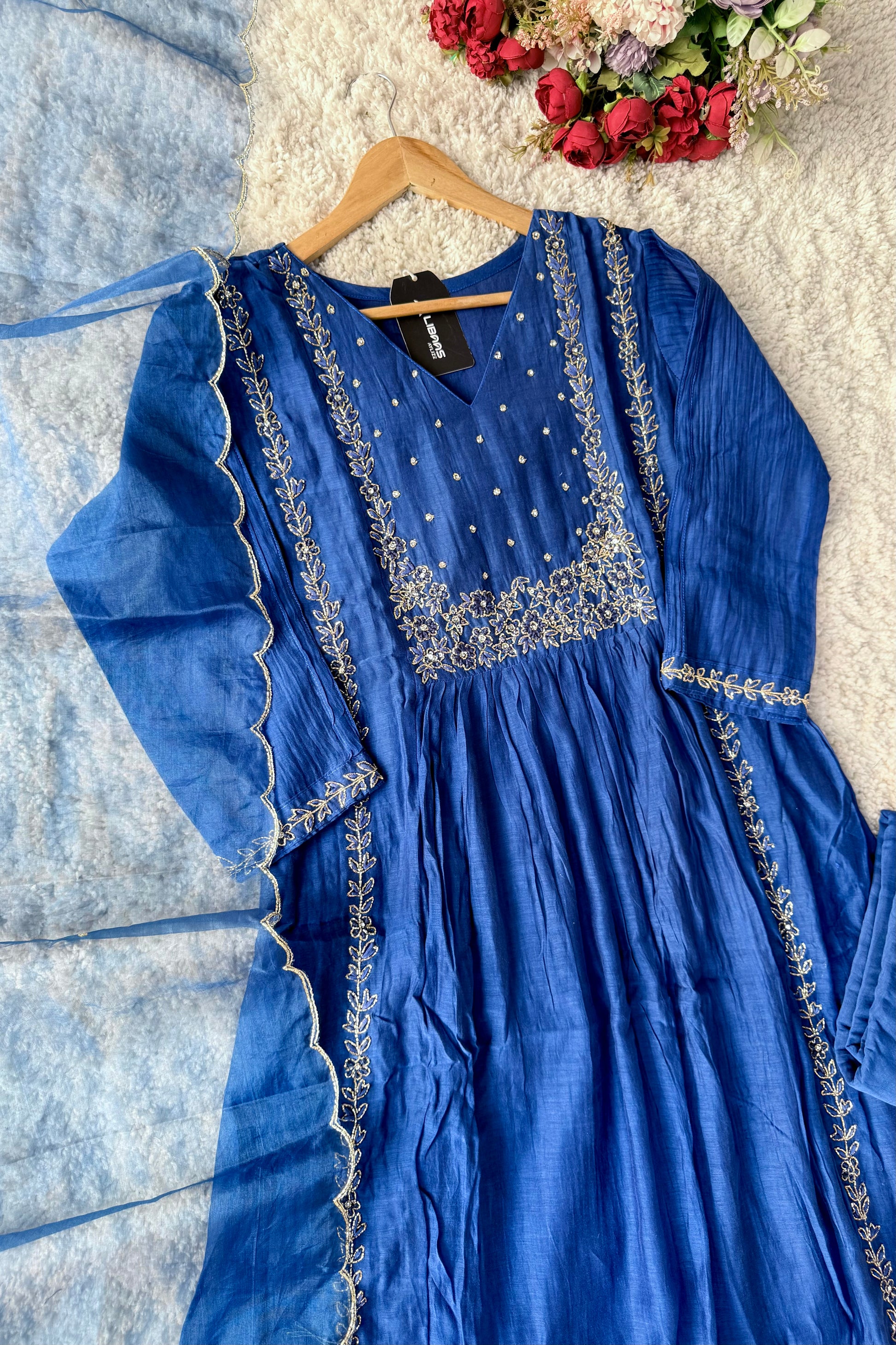💙Ayza- Premium Blue Mul Chanderi A Line Suit set 🛍️