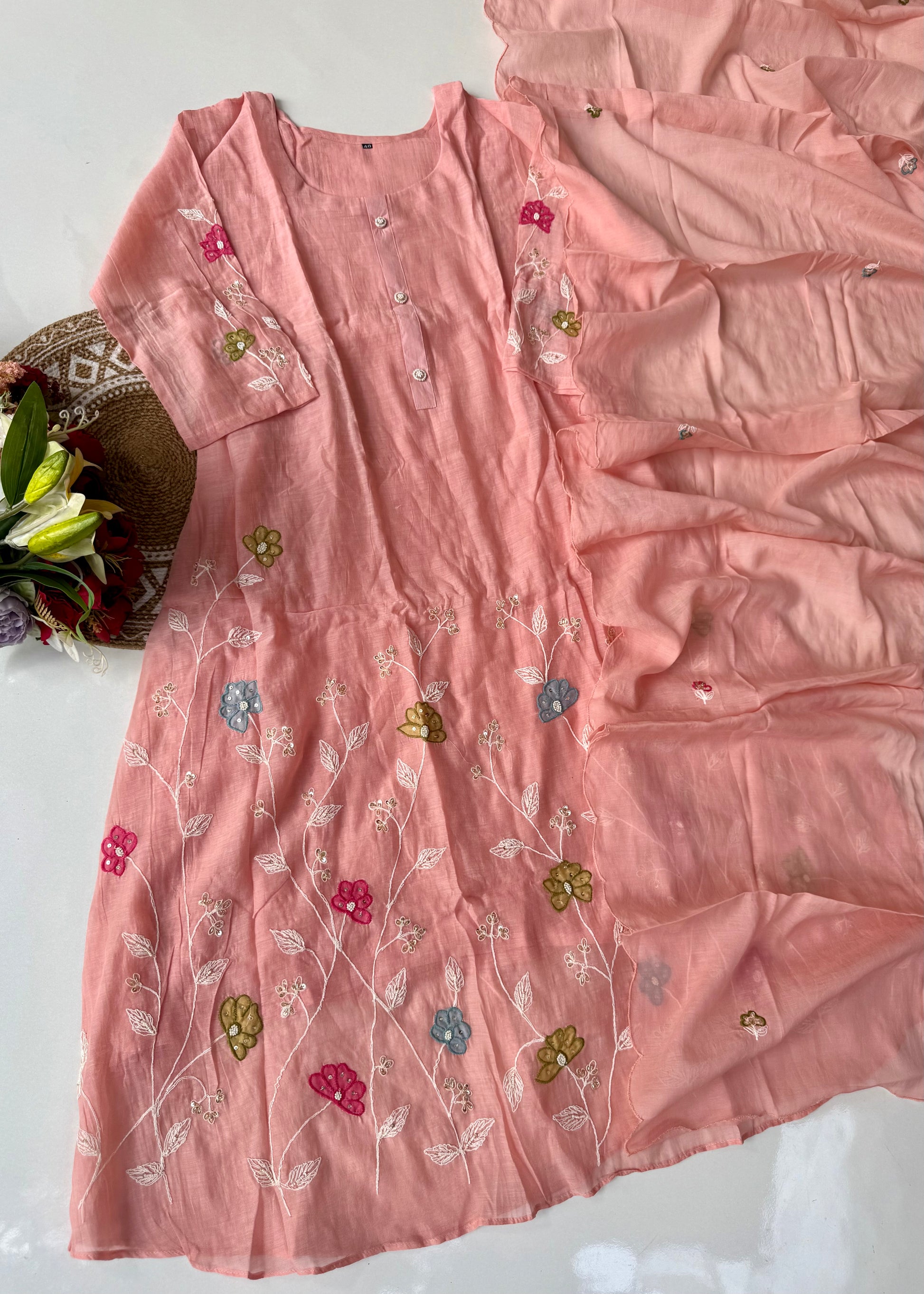 “Wow” Mul Chanderi Applique Embroidered A line Kurta Set