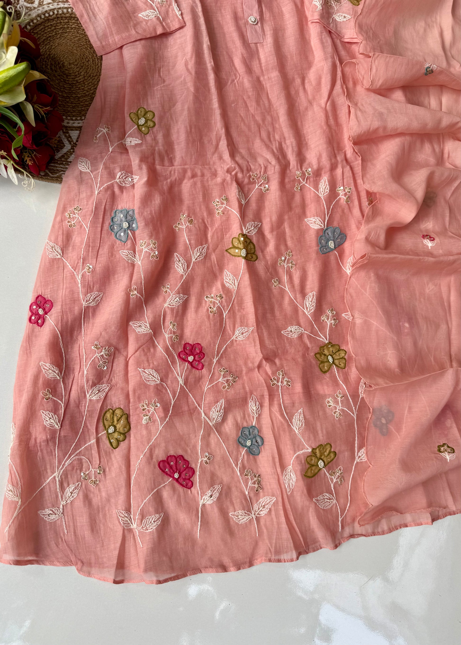 “Wow” Mul Chanderi Applique Embroidered A line Kurta Set