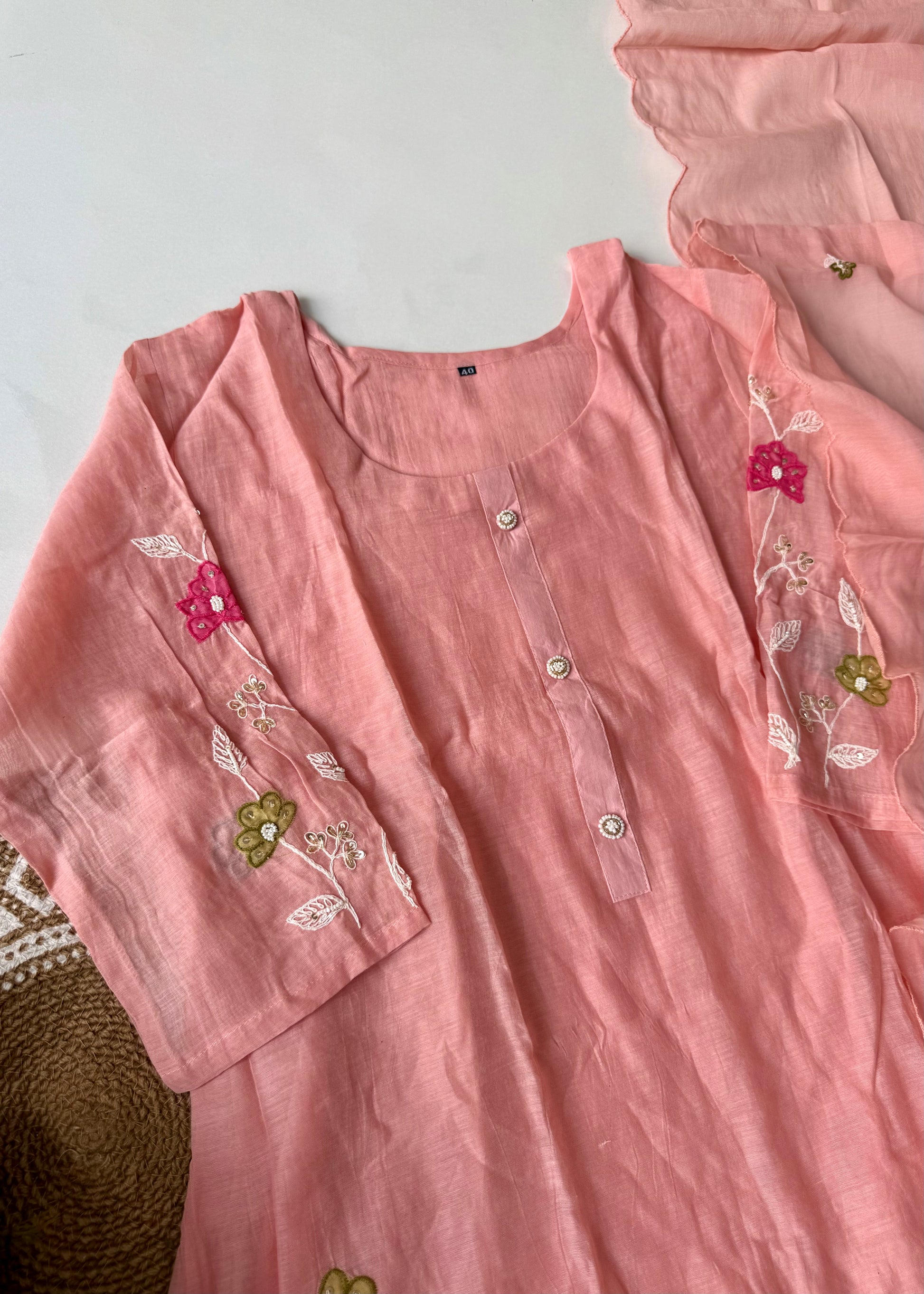 “Wow” Mul Chanderi Applique Embroidered A line Kurta Set