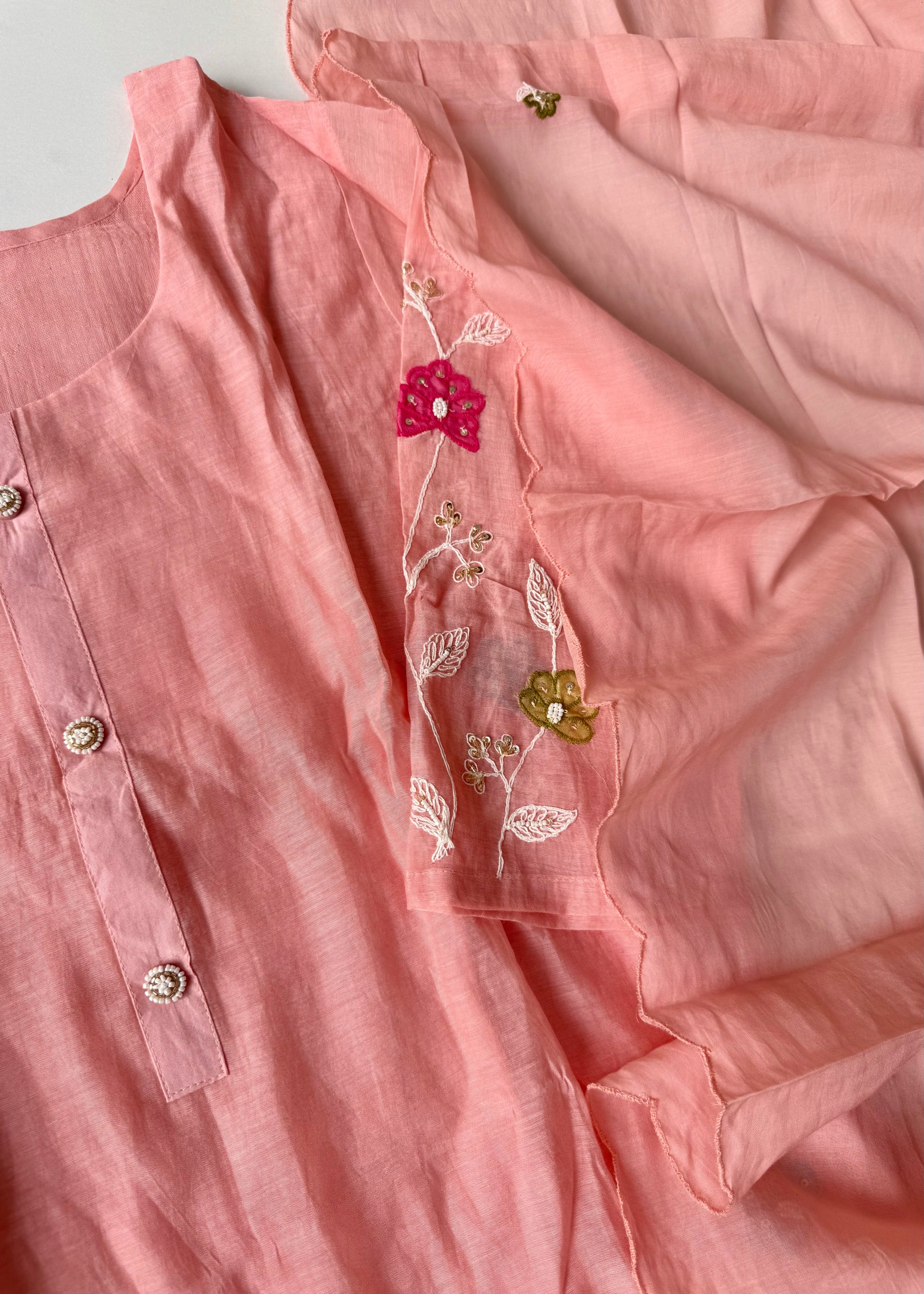 “Wow” Mul Chanderi Applique Embroidered A line Kurta Set