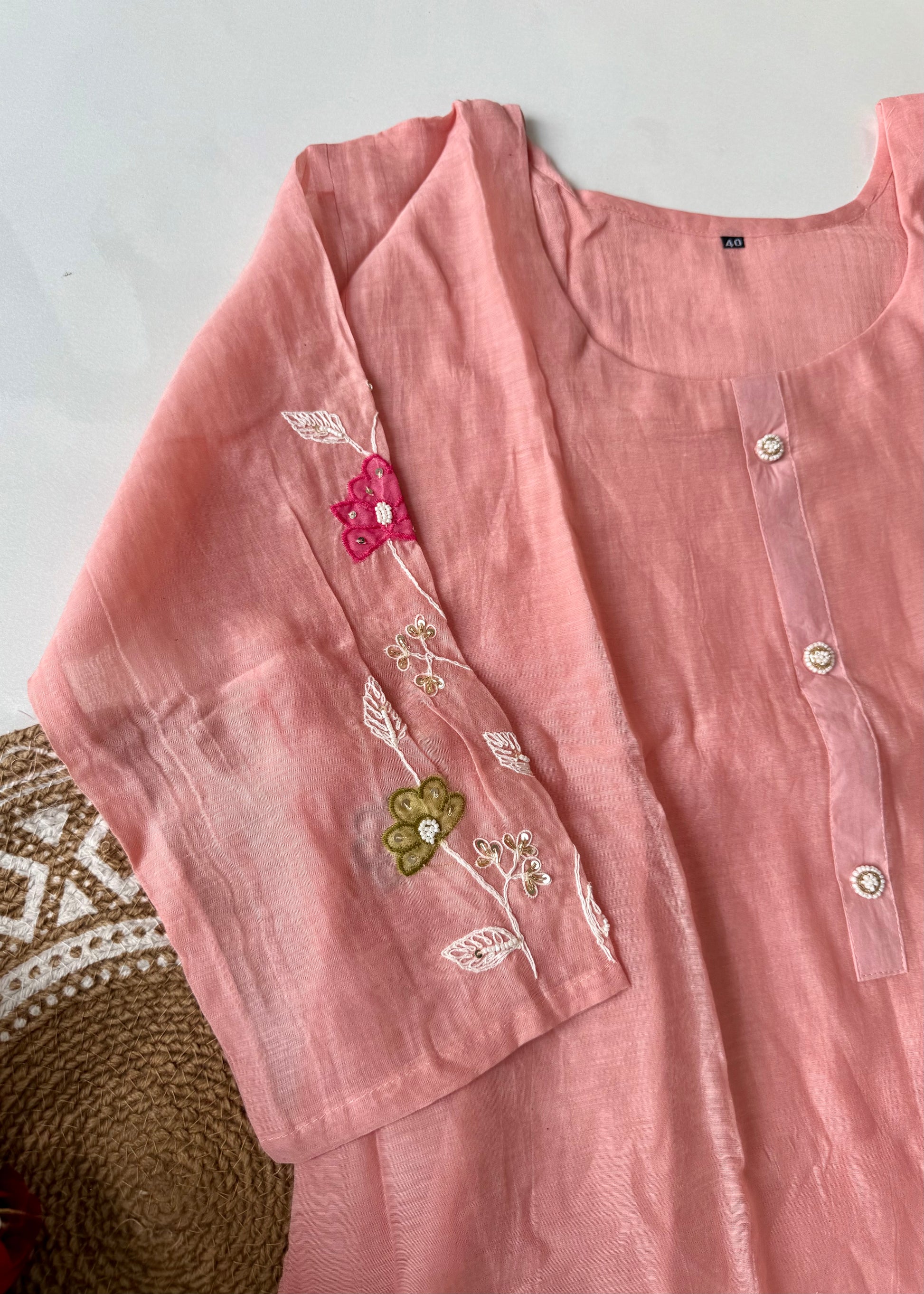 “Wow” Mul Chanderi Applique Embroidered A line Kurta Set